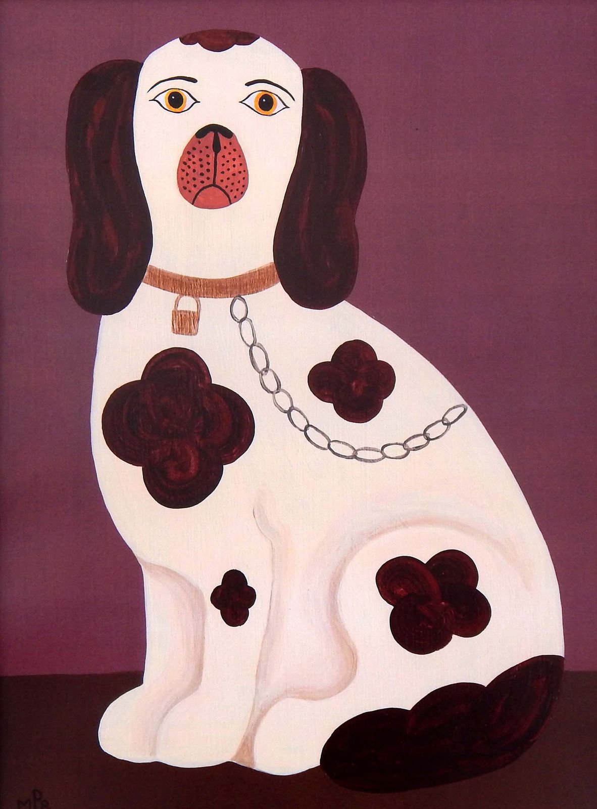 Naive Staffordshire Dog Fine Art Print, Folk Art – Left Facing Spaniel On Mantle   Dusky Pink   By Matt Rix In Hand Painted Frame, Signed photo 180.0