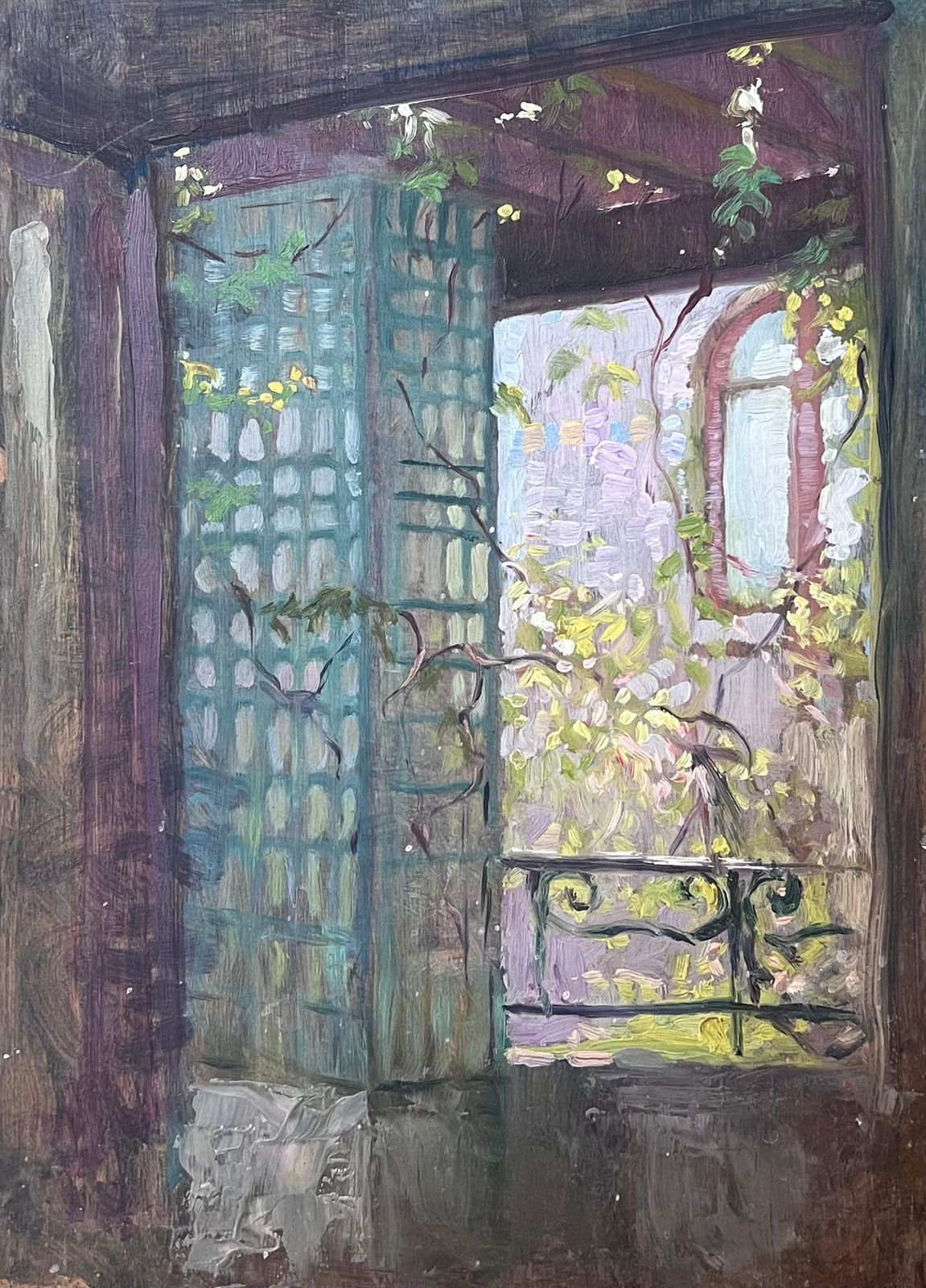 French School1930's French Post Impressionist Oil Interior Room View From A Garden Window1930's