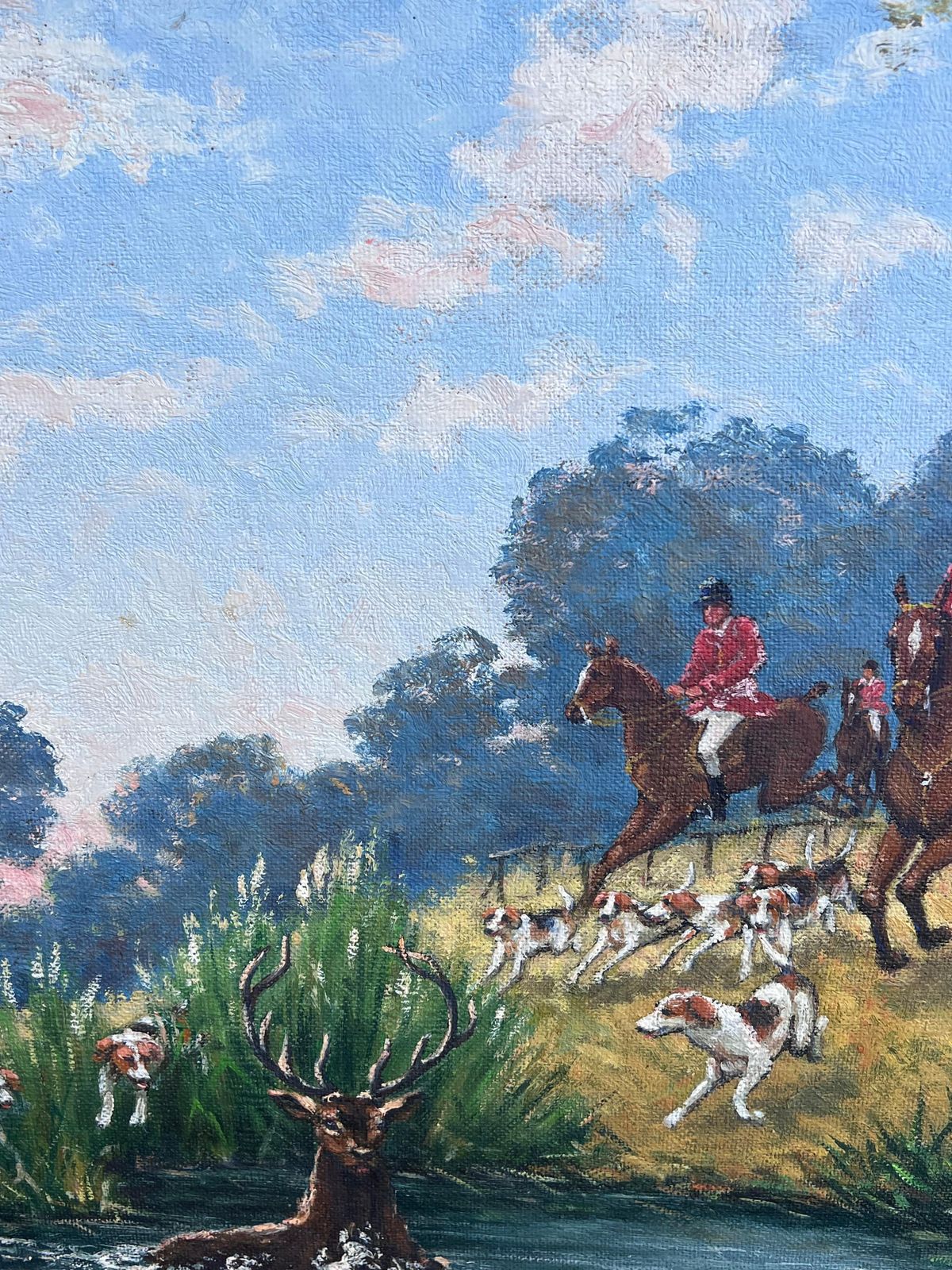 French Schoolhuge French Hunting Scene Horse & Hounds Chasing Stag Through River Signed Oil photo Art