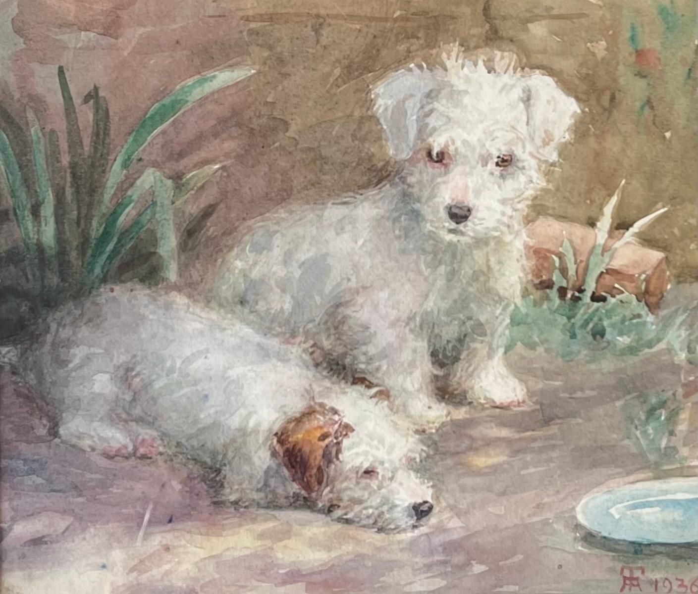 1930's English Artist1930's English Dog Painting Wire Fox Terrier Puppies Waiting To Be Fed Signed1936
