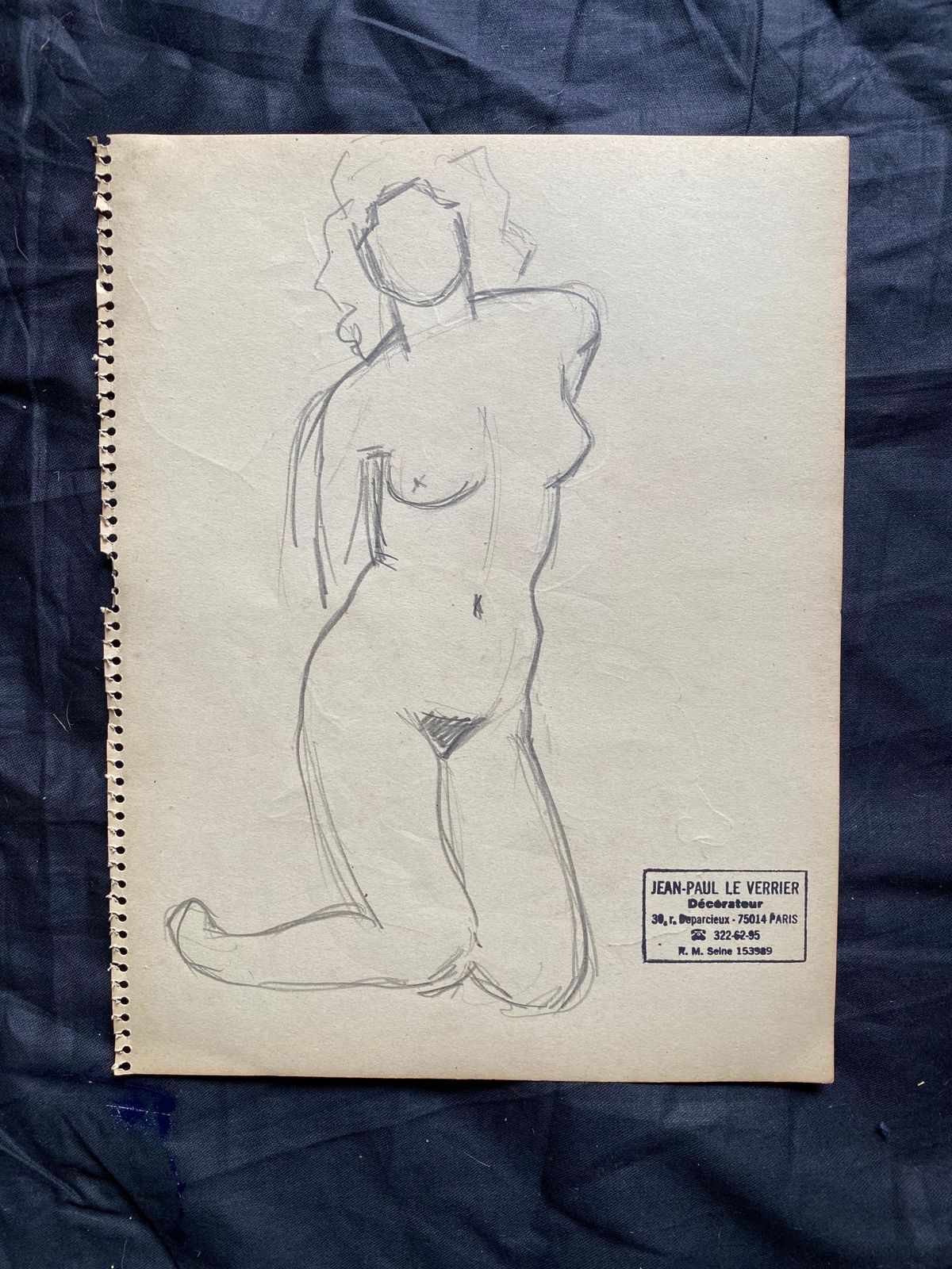 Jean Paul Le Verriermid 20th Century French Original Line Drawing Sketch Nude Female  Stamped photo furniture