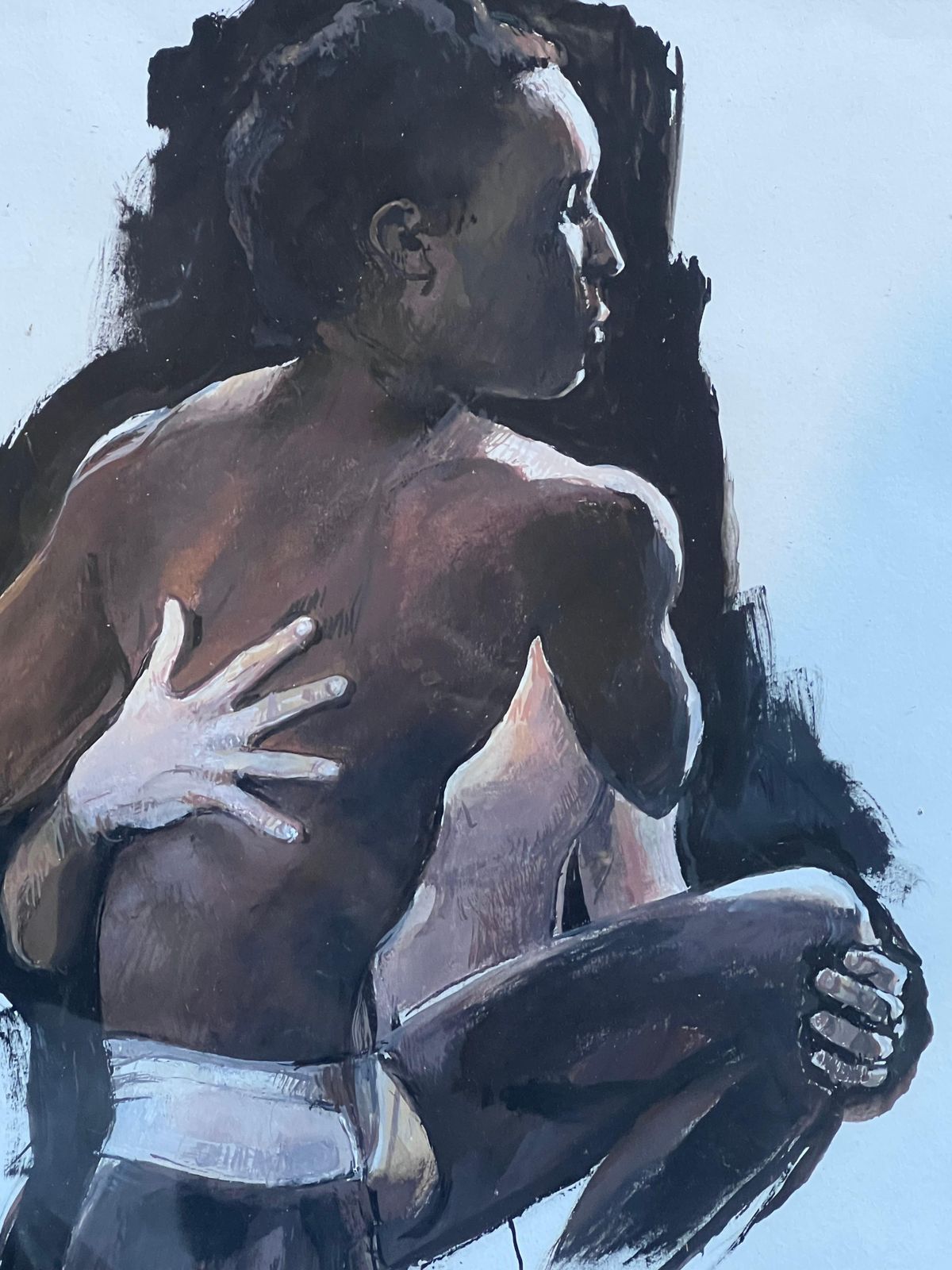 French Schooltwo Semi Nude Men In Embrace Original Contemporary French Painting photo for sale