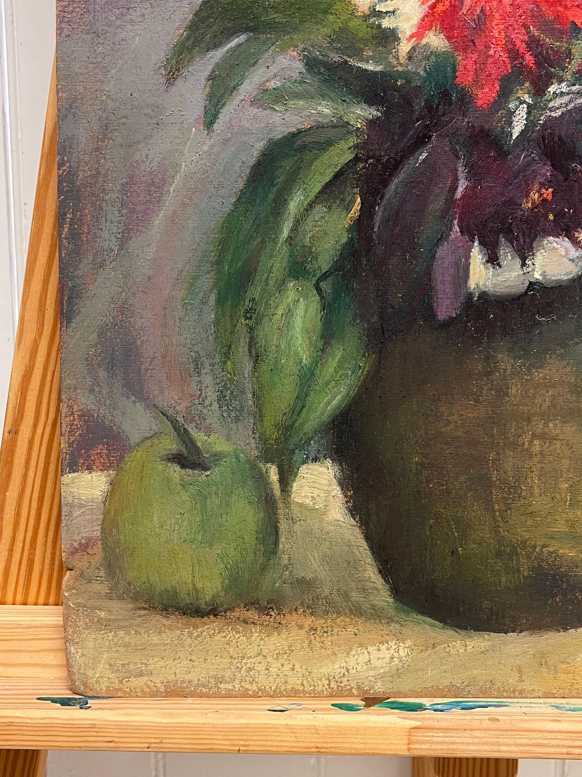 photo for sale Cécile Hertz Eyrolles (1875 1974)1930's French Post Impressionist Oil Colorful Still Life Flowers In Vase & Apple1930's