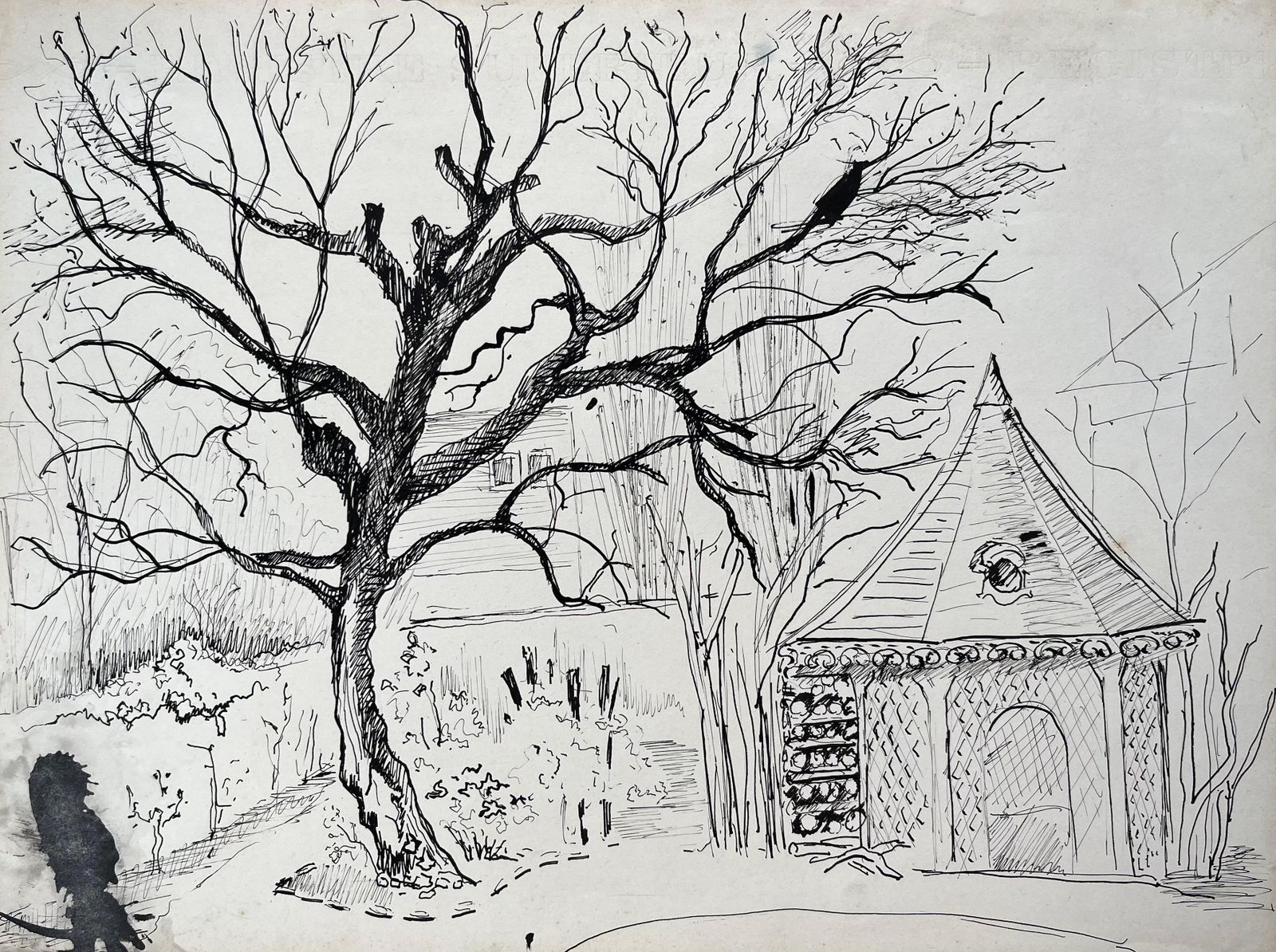 Anne Marie Migette Perardmid 20th Century Post Impressionist Ink Drawing Of Tree And Garden Pavilion