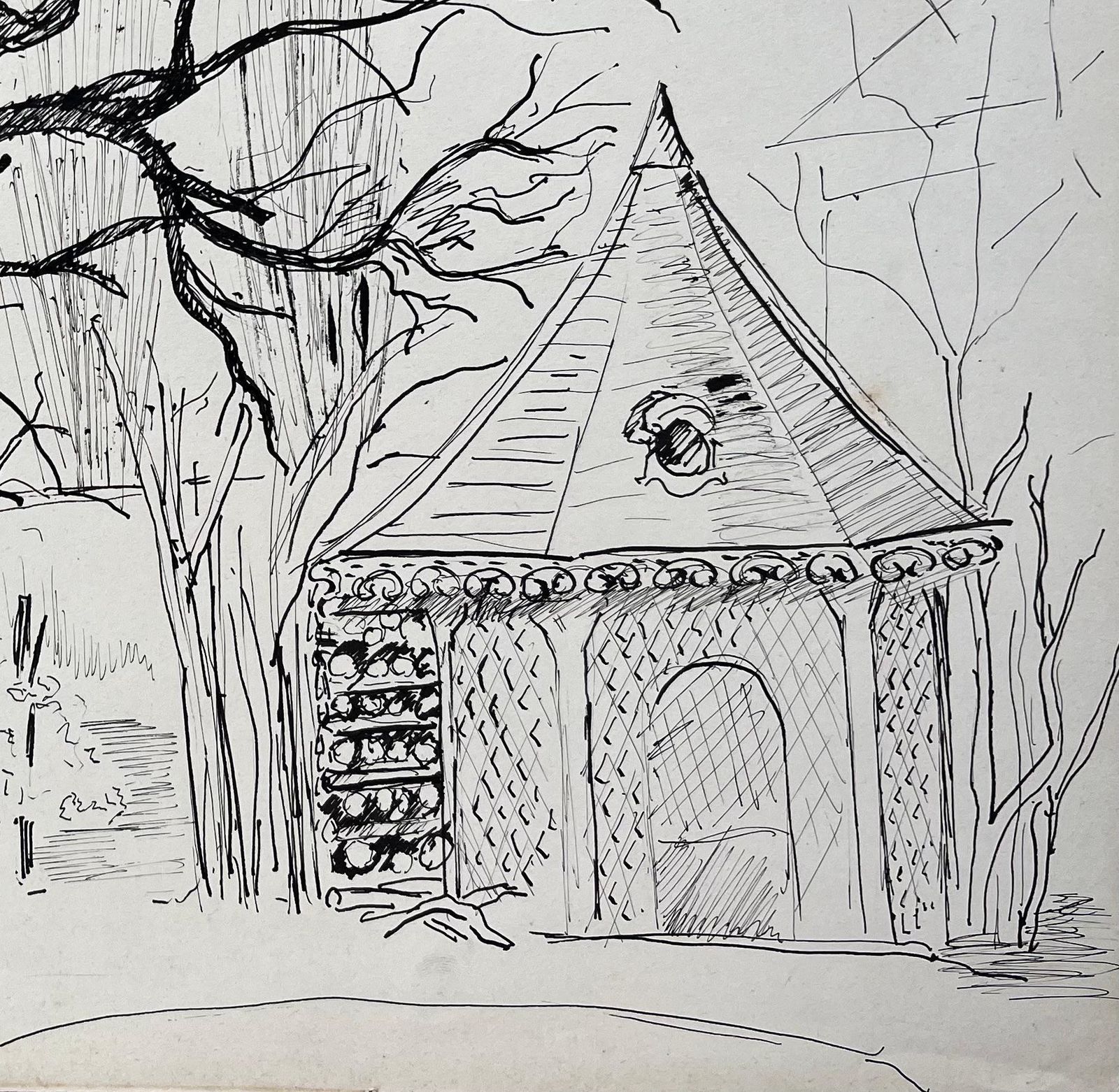 Anne Marie Migette Perardmid 20th Century Post Impressionist Ink Drawing Of Tree And Garden Pavilion photo for sale