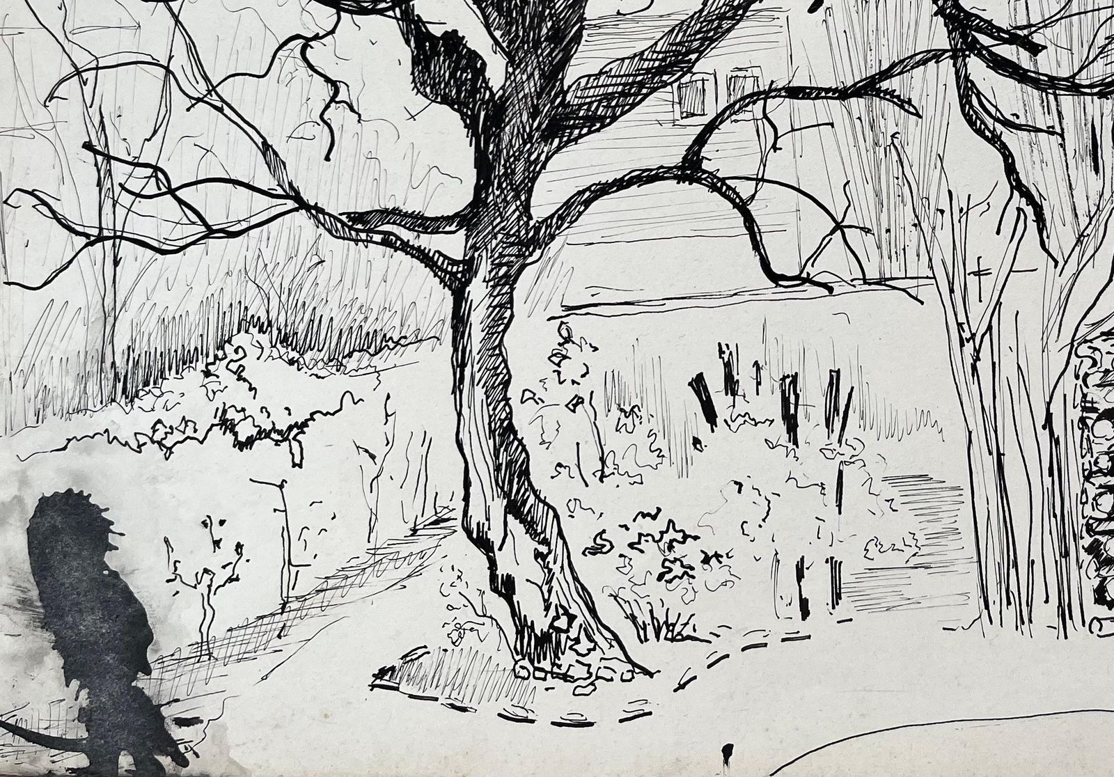 Anne Marie Migette Perardmid 20th Century Post Impressionist Ink Drawing Of Tree And Garden Pavilion photo Art