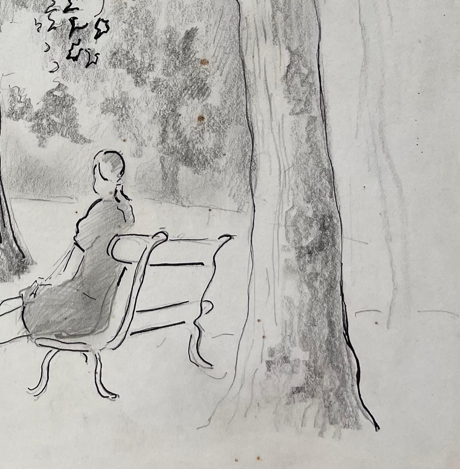 Anne Marie Migette Perardmid 20th Century Post Impressionist Pencil Drawing Of Woman On Park Bench photo Art