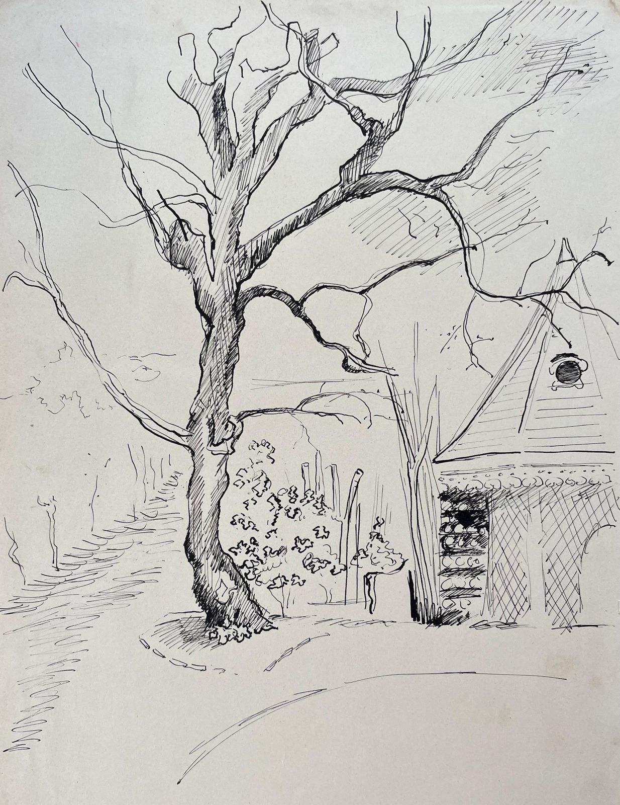 Anne Marie Migette Perardmid 20th Century Post Impressionist Ink Drawing Of Dovecote Pavilion And Tree