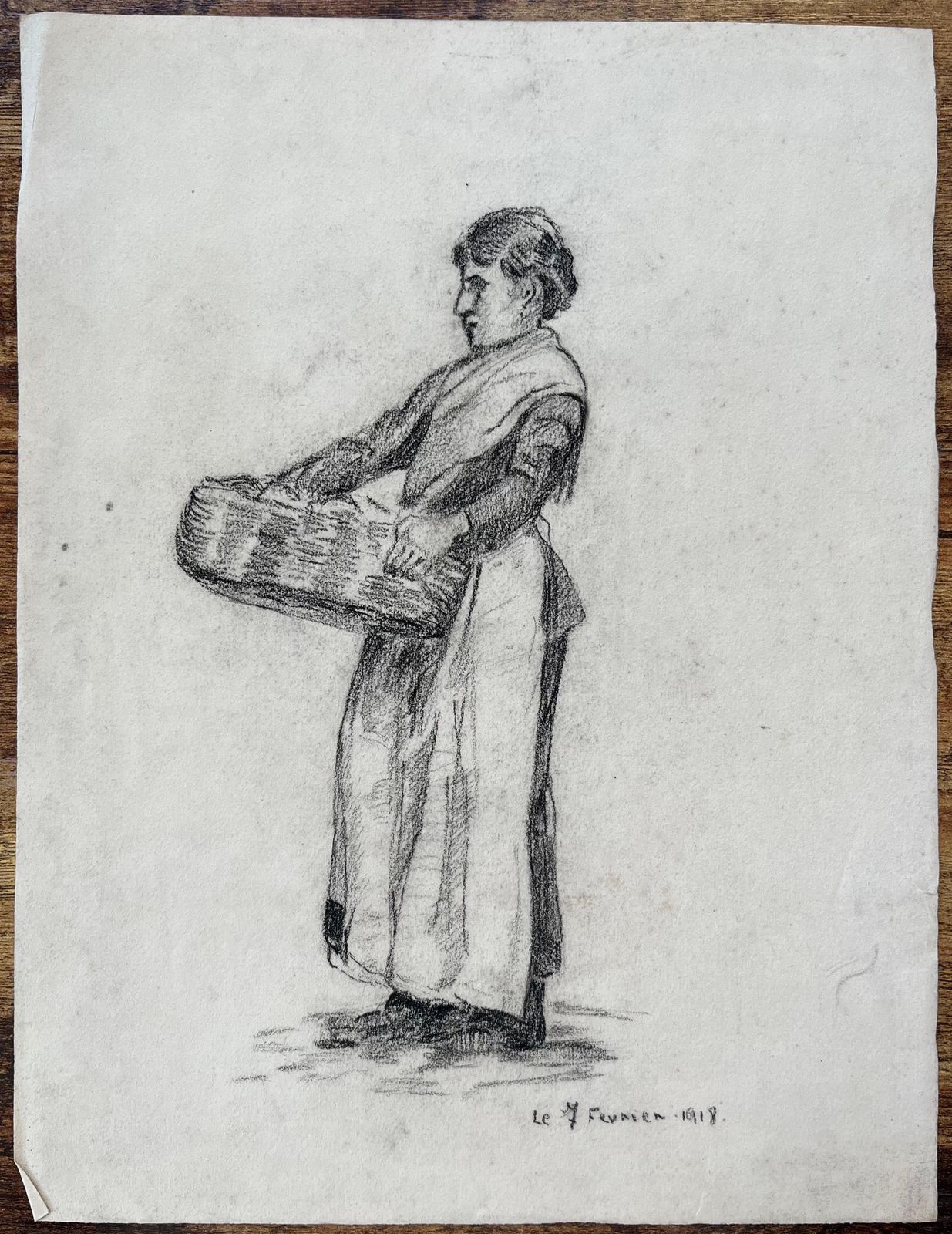 Anne Marie Migette Perardearly 20th Century Charcoal Drawing Of Woman With Basket Dated February 19181918 photo furniture