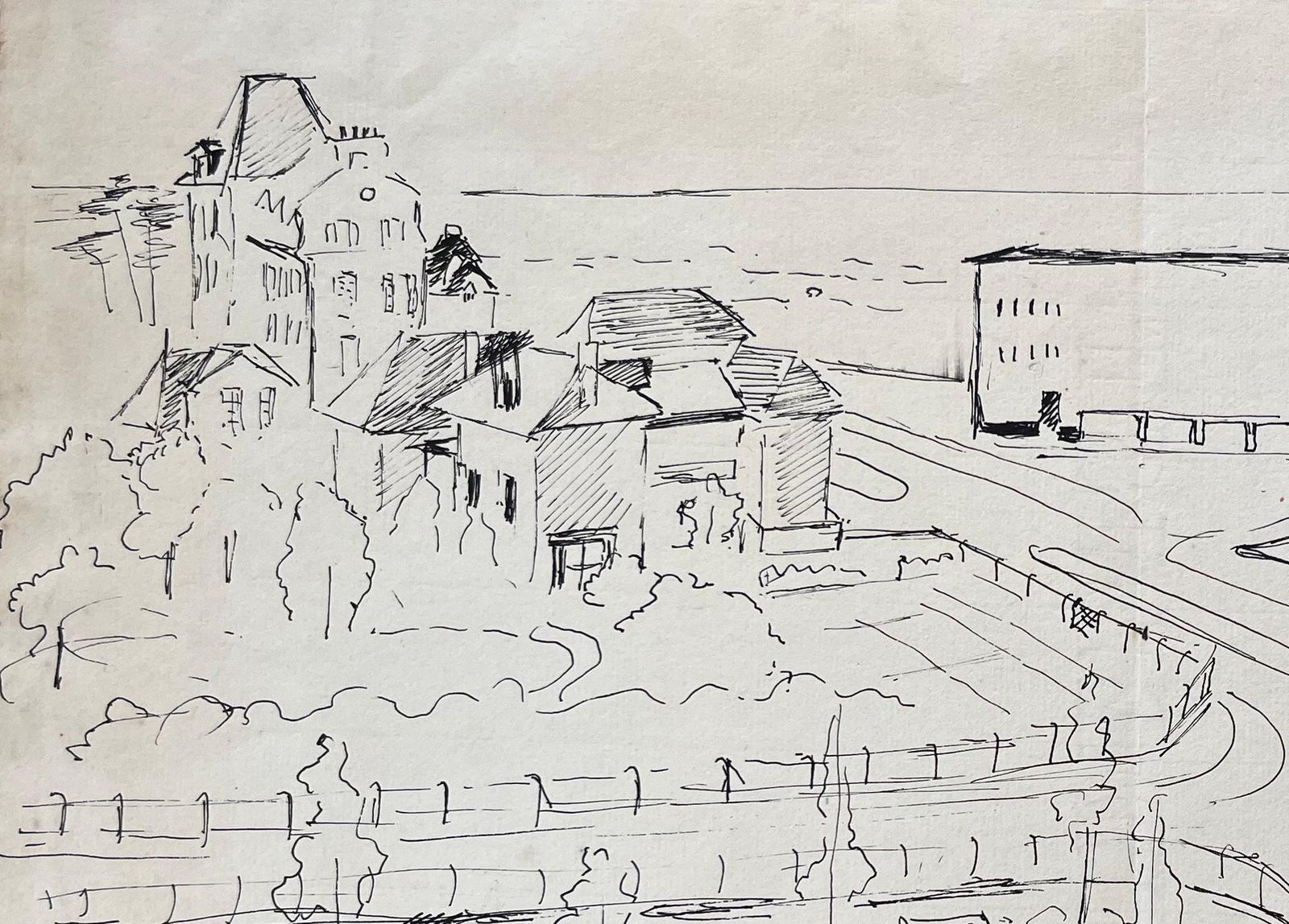 Anne Marie Migette Perardmid 20th Century Post Impressionist Ink Drawing Of French Seafront And Casino photo for sale