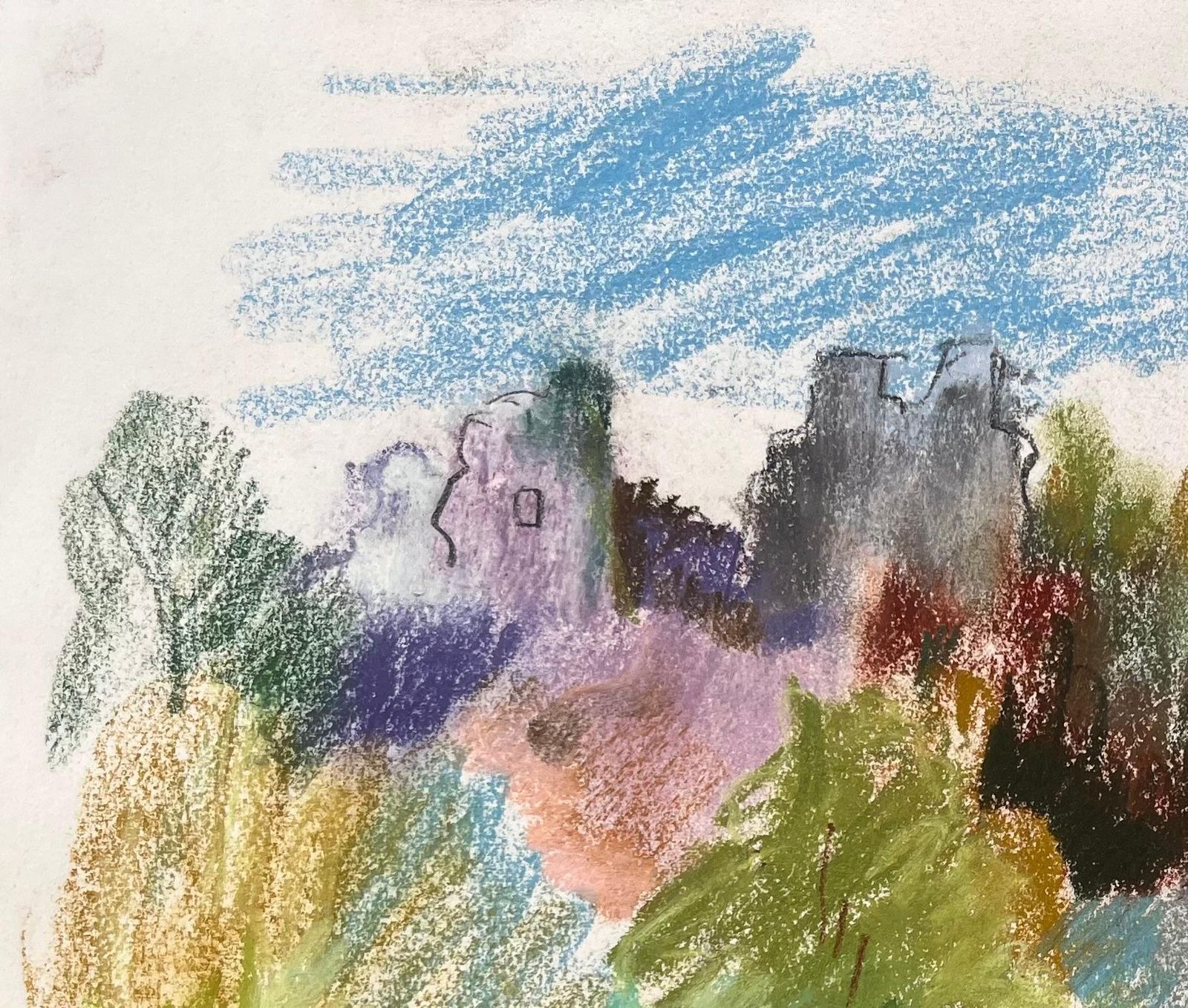 Anne Marie Migette Perardmid 20th Century Pastel Of Hilltop Ruins And Forest Path In France photo for sale