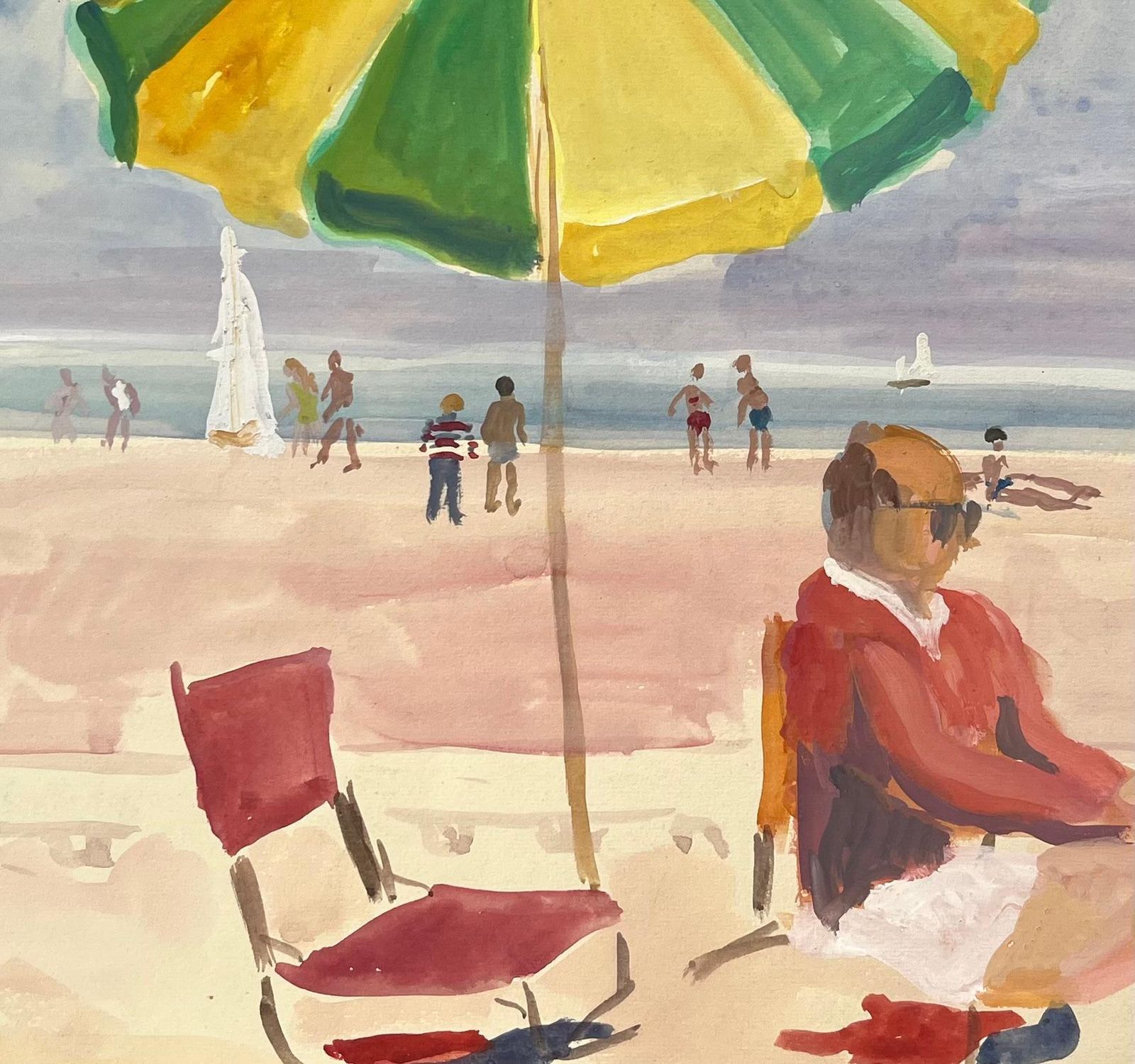 Anne Marie Migette Perardmid Century French Watercolour Beach Scene With Green Umbrella And Seated Figure photo buy