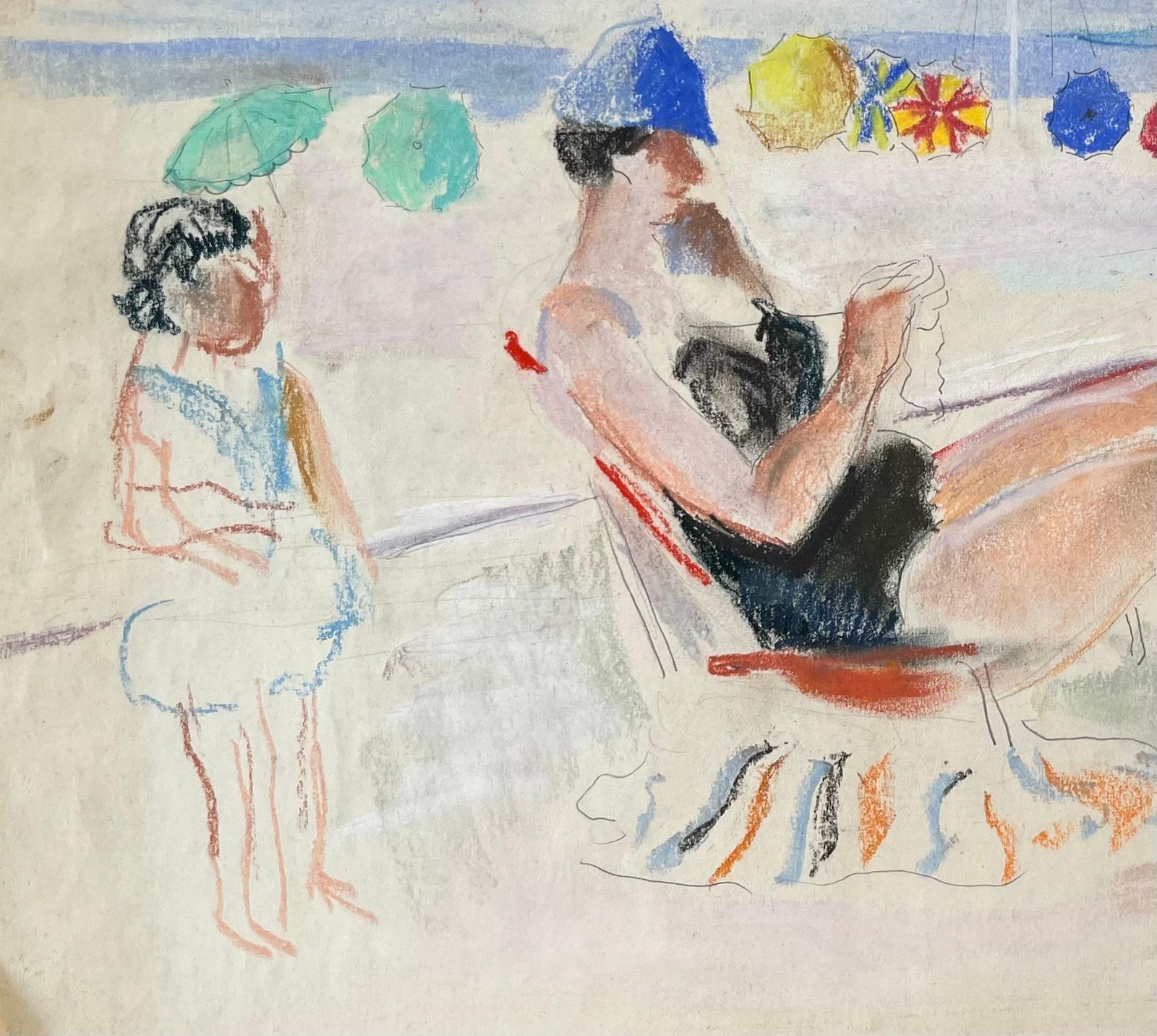 Anne Marie Migette Perardmid Century French Pastel Beach Scene With Seated Woman Knitting And Parasols photo for sale