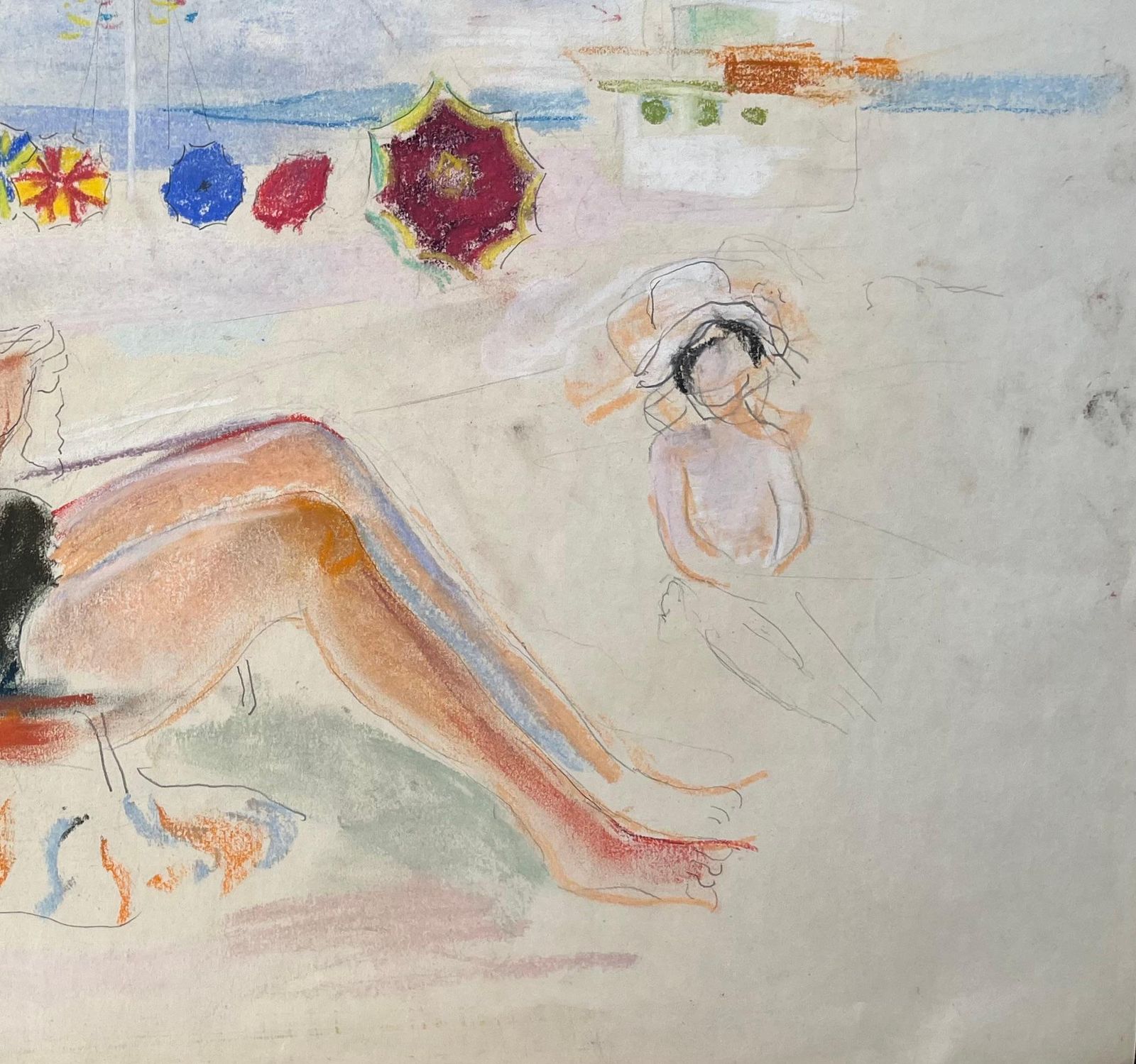 Anne Marie Migette Perardmid Century French Pastel Beach Scene With Seated Woman Knitting And Parasols photo vinterior