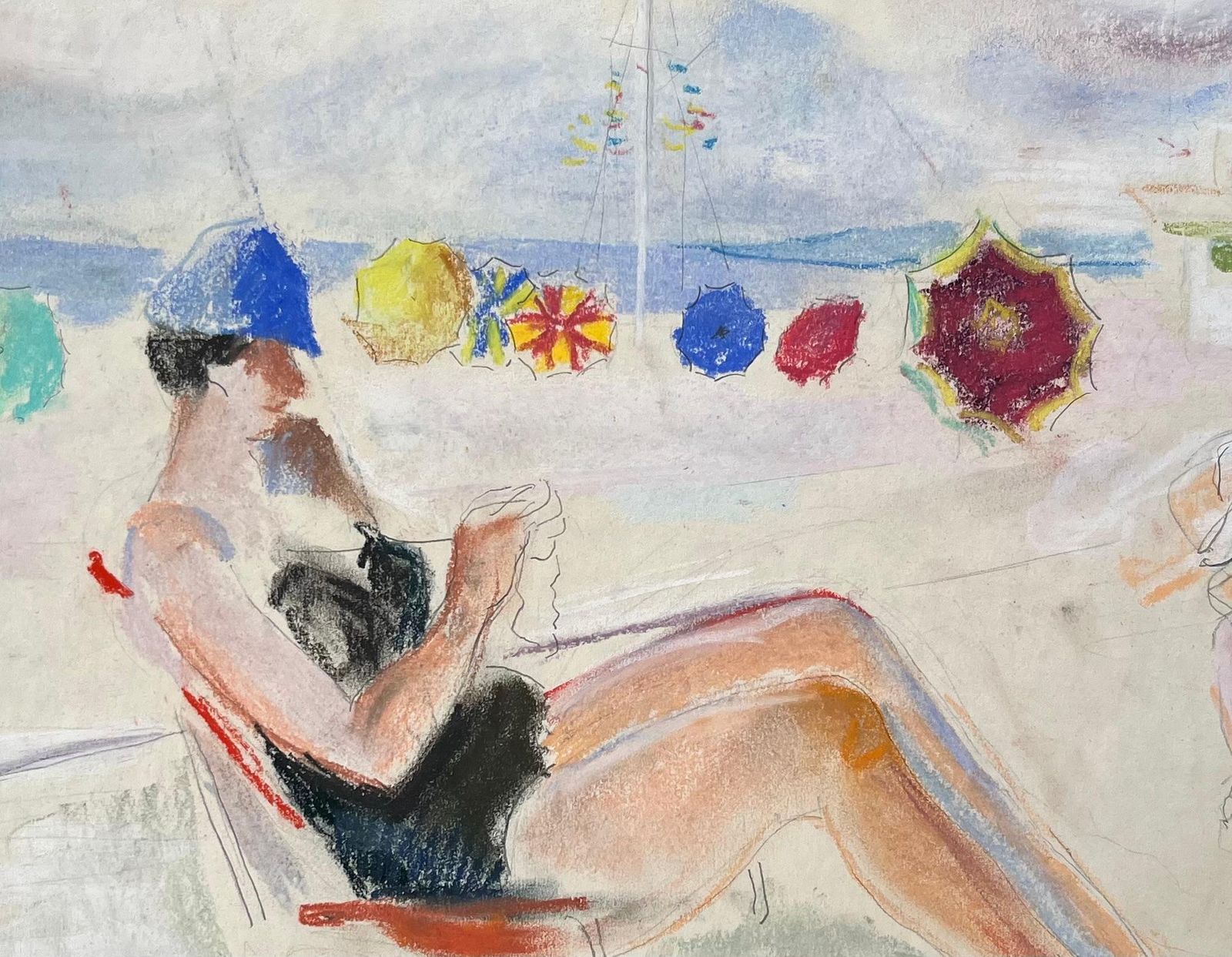 Anne Marie Migette Perardmid Century French Pastel Beach Scene With Seated Woman Knitting And Parasols photo buy