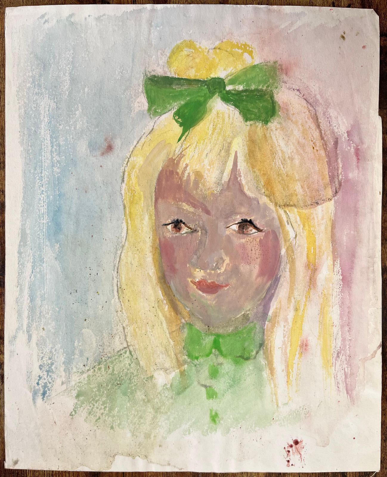 Anne Marie Migette Perardmid Century French Watercolour Portrait Of Blonde Girl With Green Bow And Dress photo furniture