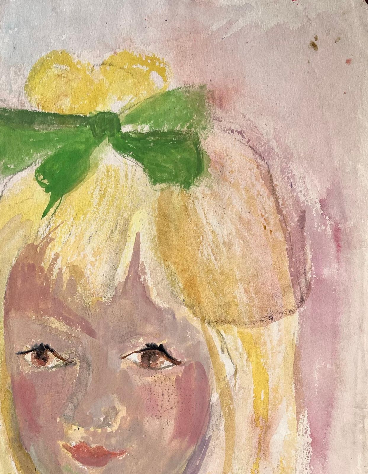 Anne Marie Migette Perardmid Century French Watercolour Portrait Of Blonde Girl With Green Bow And Dress photo for sale