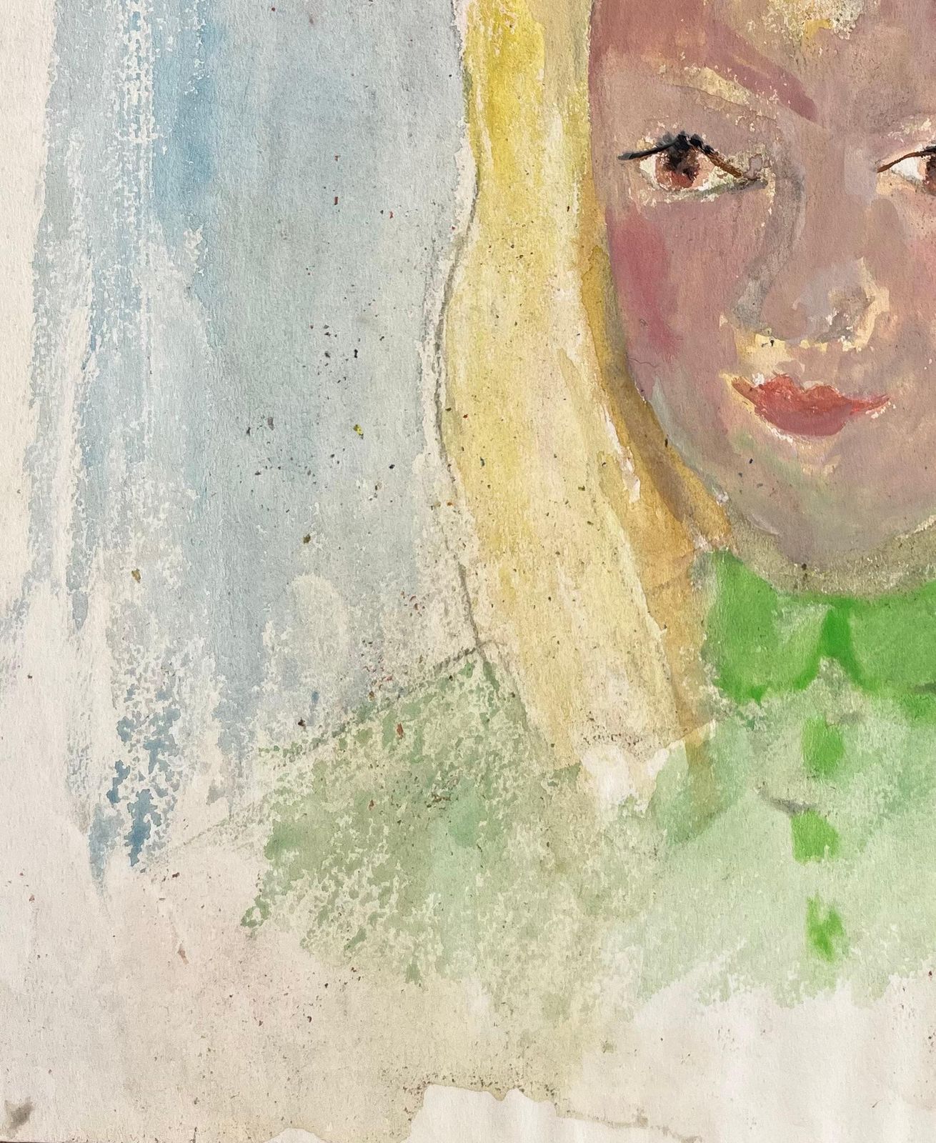 Anne Marie Migette Perardmid Century French Watercolour Portrait Of Blonde Girl With Green Bow And Dress photo vinterior