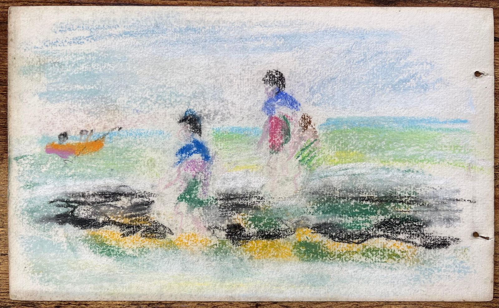 Anne Marie Migette Perardmid Century French Pastel Coastal Scene With Children Playing And Orange Rowboat photo furniture