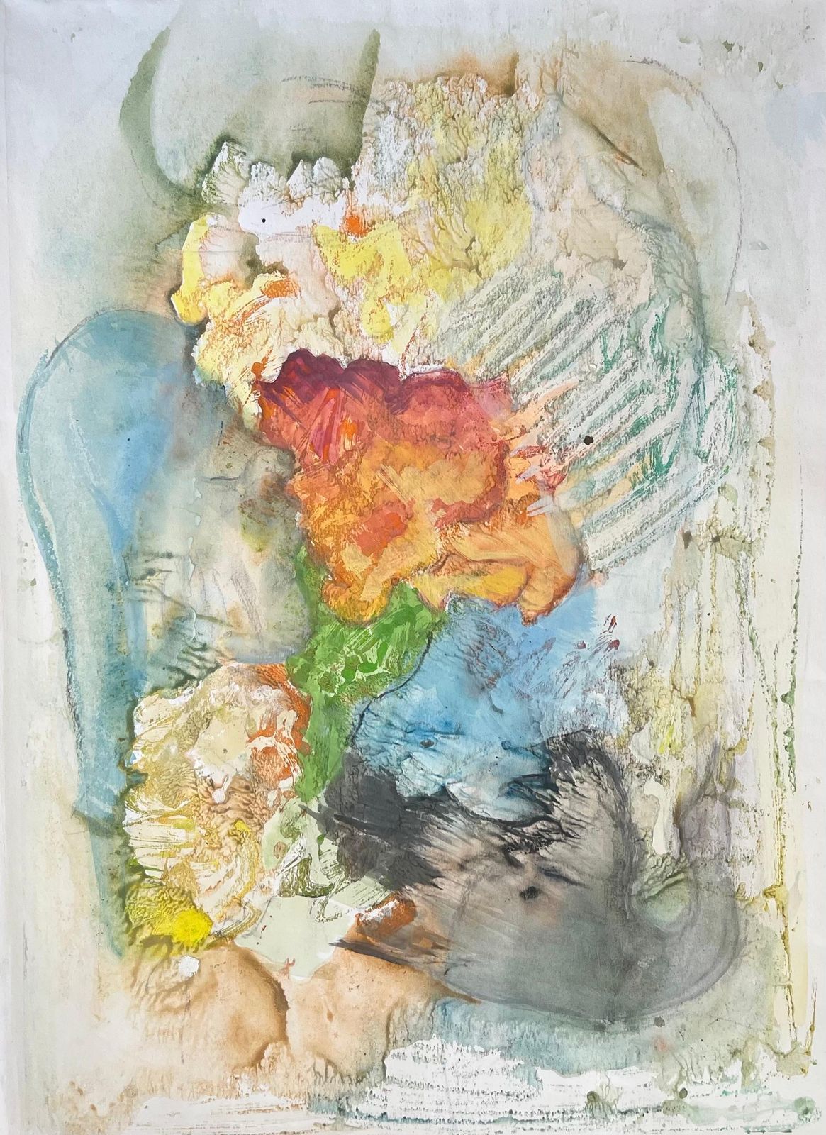 Anne Marie Migette Perardmid Century Textured Abstract Watercolour With Swan Bird And Sleeping Face