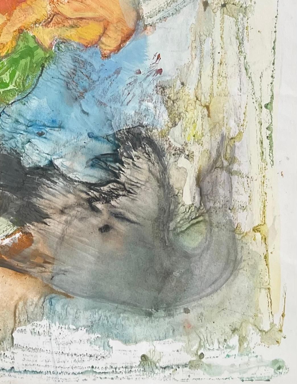 Anne Marie Migette Perardmid Century Textured Abstract Watercolour With Swan Bird And Sleeping Face photo for sale