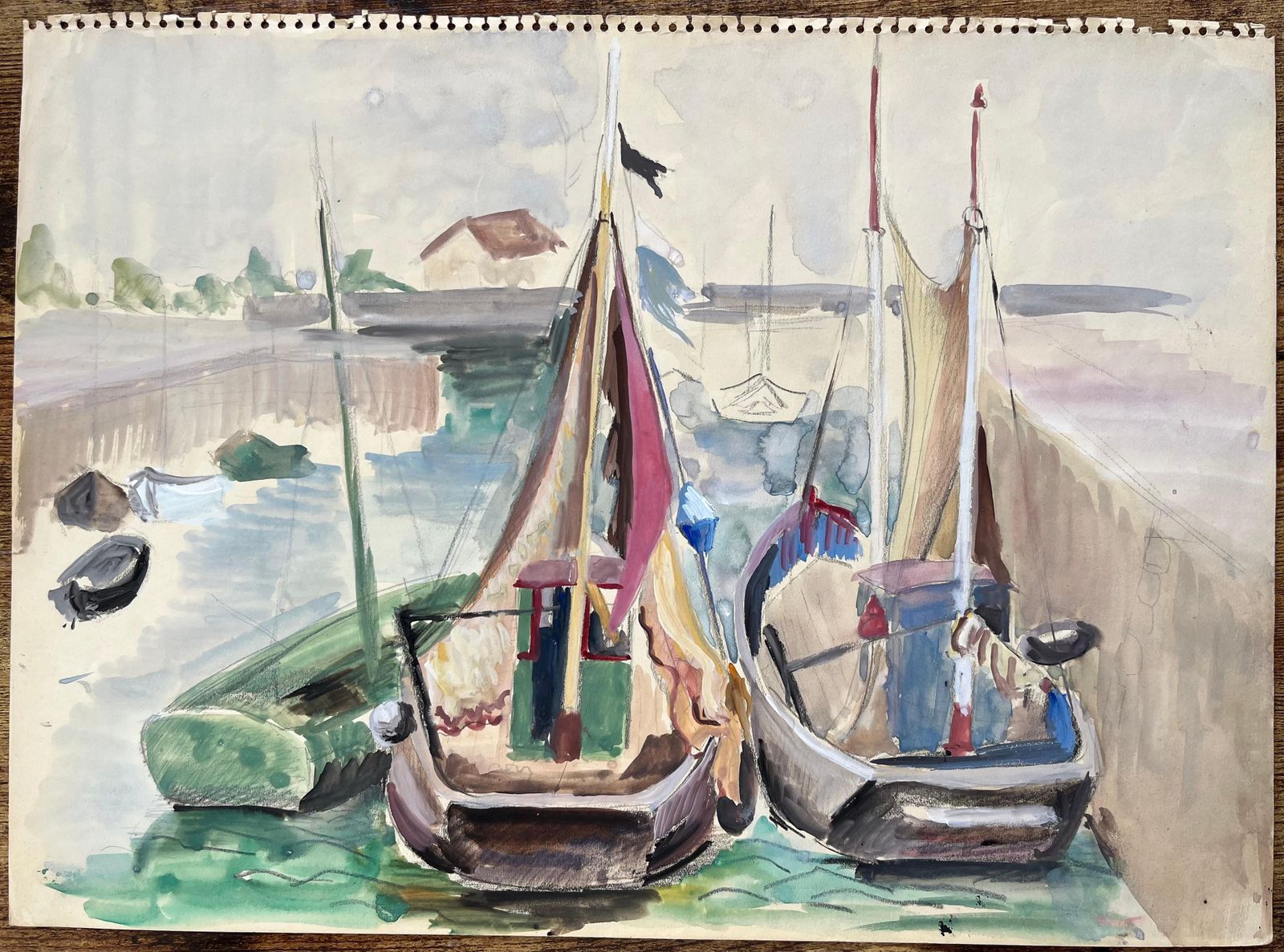 Anne Marie Migette Perardmid Century French Harbour Scene With Colourful Sailboats Docked At Port photo furniture
