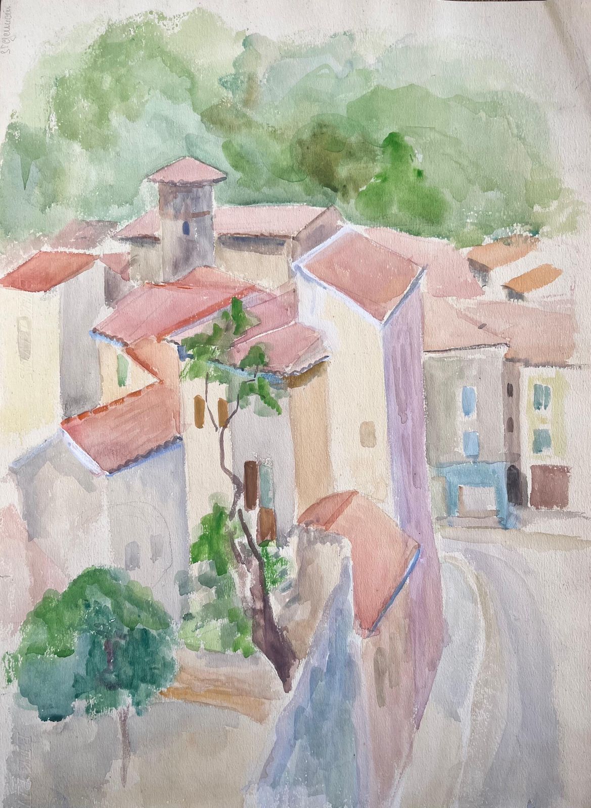 Anne Marie Migette Perardmid 20th Century Watercolour Of Rooftops And Stone Streets In Goudargues France