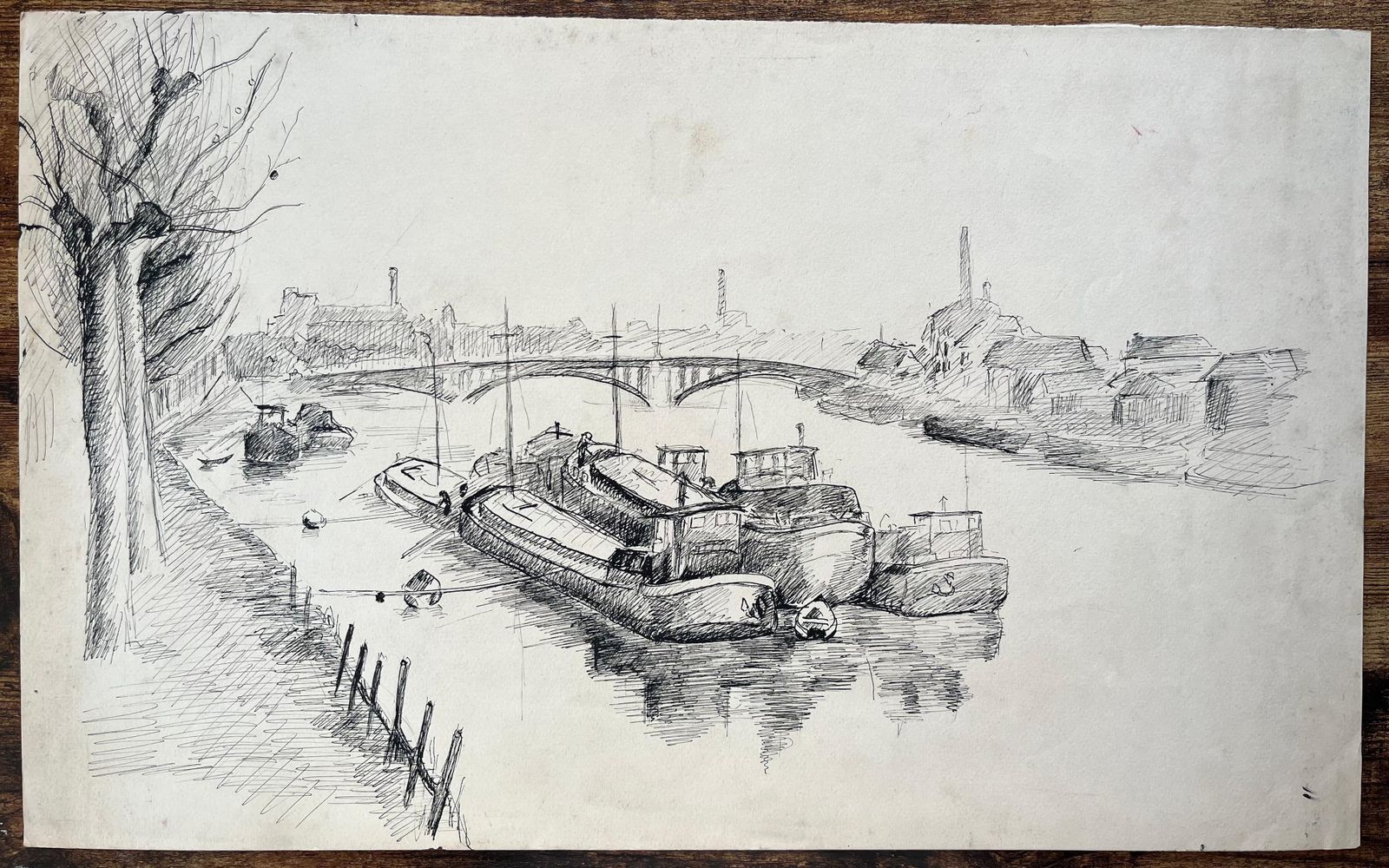 Anne Marie Migette Perardmid Century French Ink Drawing Of Barges Moored On River With Industrial Bridge photo furniture