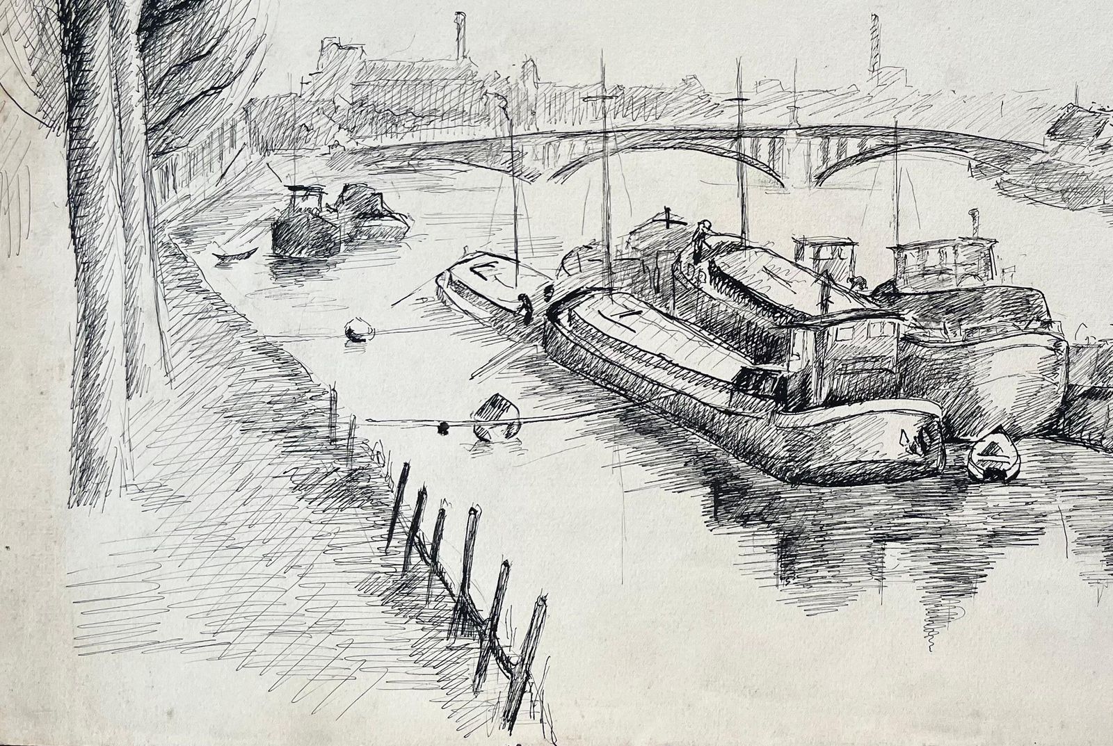 Anne Marie Migette Perardmid Century French Ink Drawing Of Barges Moored On River With Industrial Bridge photo Art