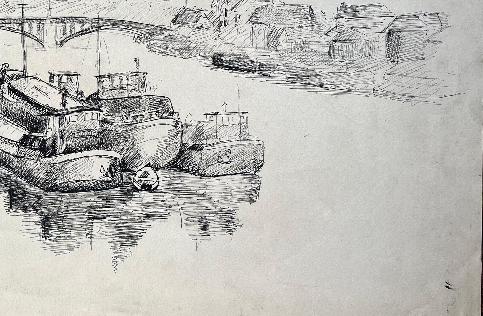 Anne Marie Migette Perardmid Century French Ink Drawing Of Barges Moored On River With Industrial Bridge photo 483.0