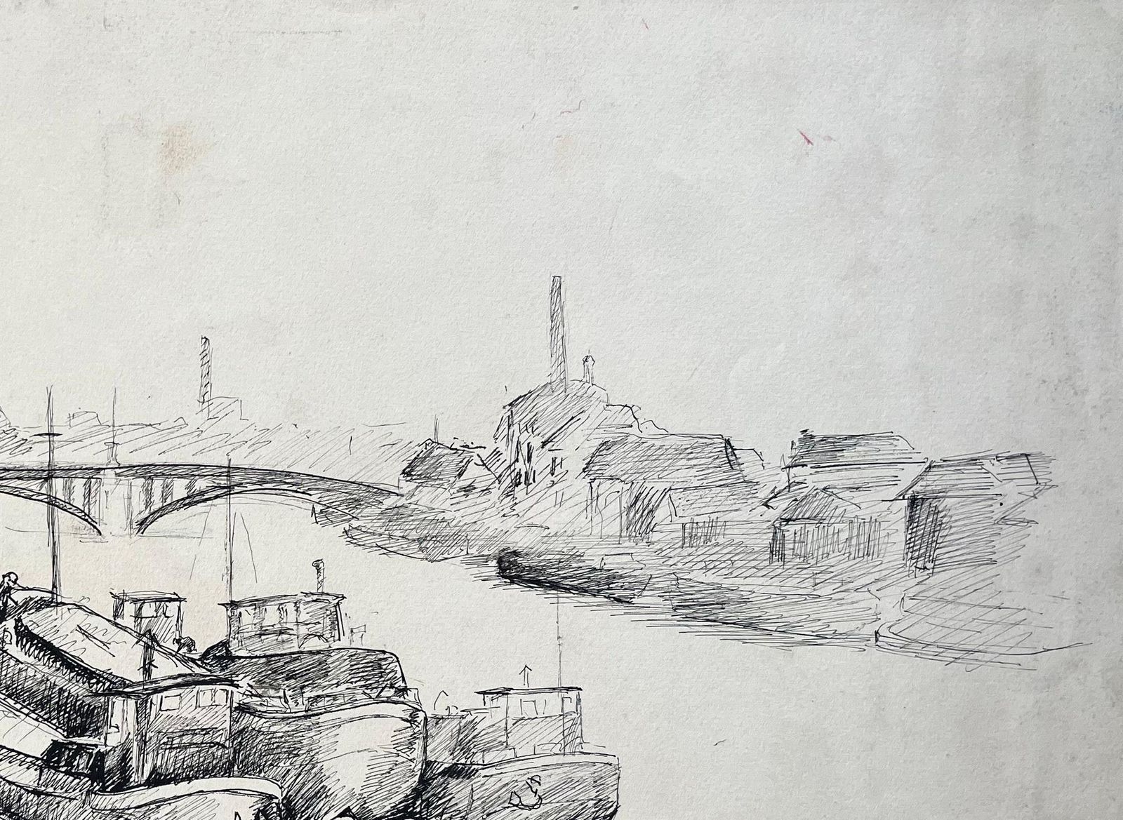 Anne Marie Migette Perardmid Century French Ink Drawing Of Barges Moored On River With Industrial Bridge photo vinterior