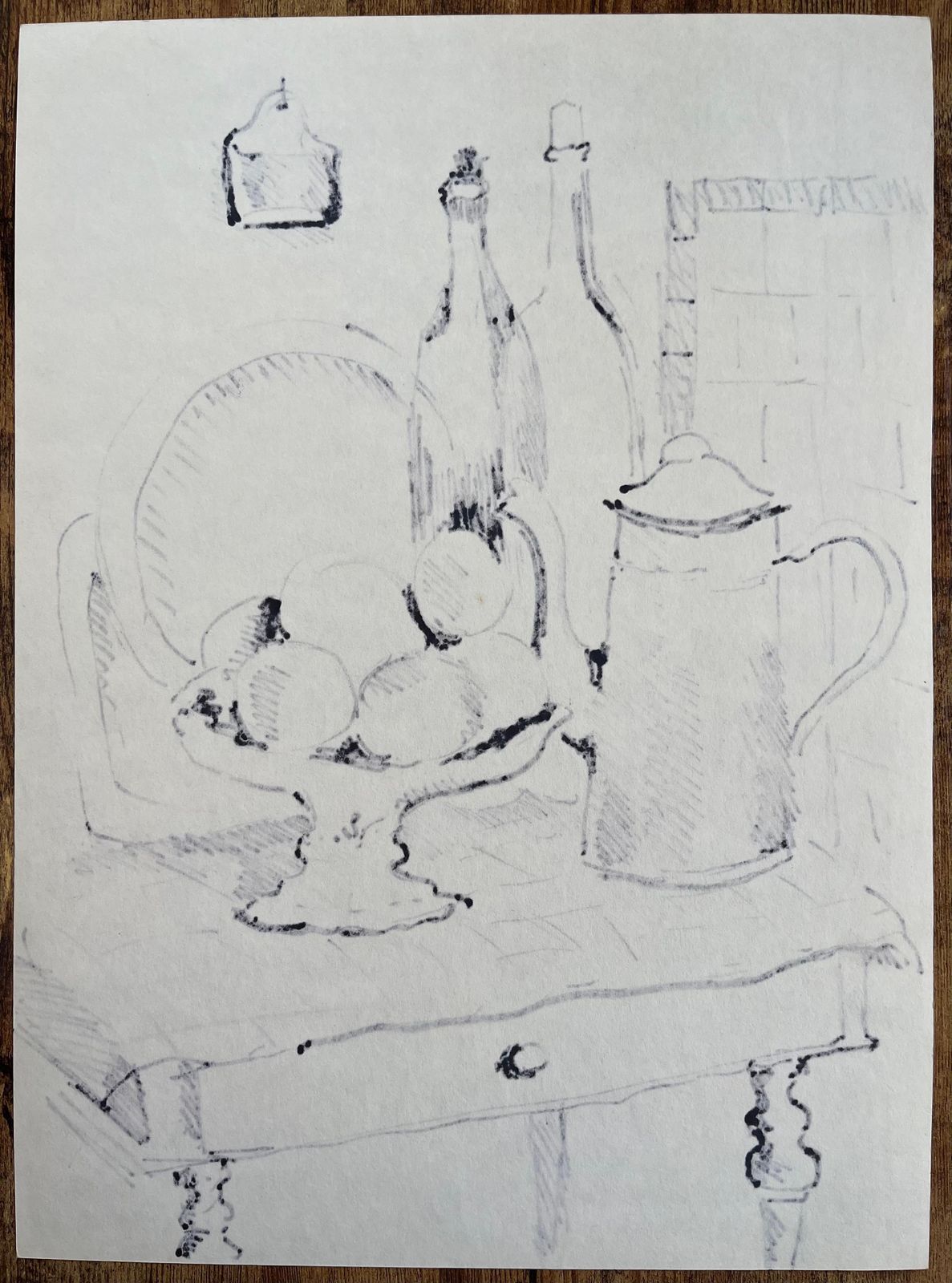 Anne Marie Migette Perardmid Century French Drawing Of Still Life With Fruit Bowl Coffee Pot And Bottles photo vintage