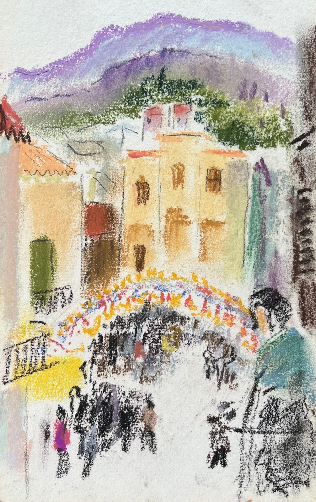 Anne Marie Migette Perardmid 20th Century Pastel Of Street Festival With Crowd In Mediterranean Village