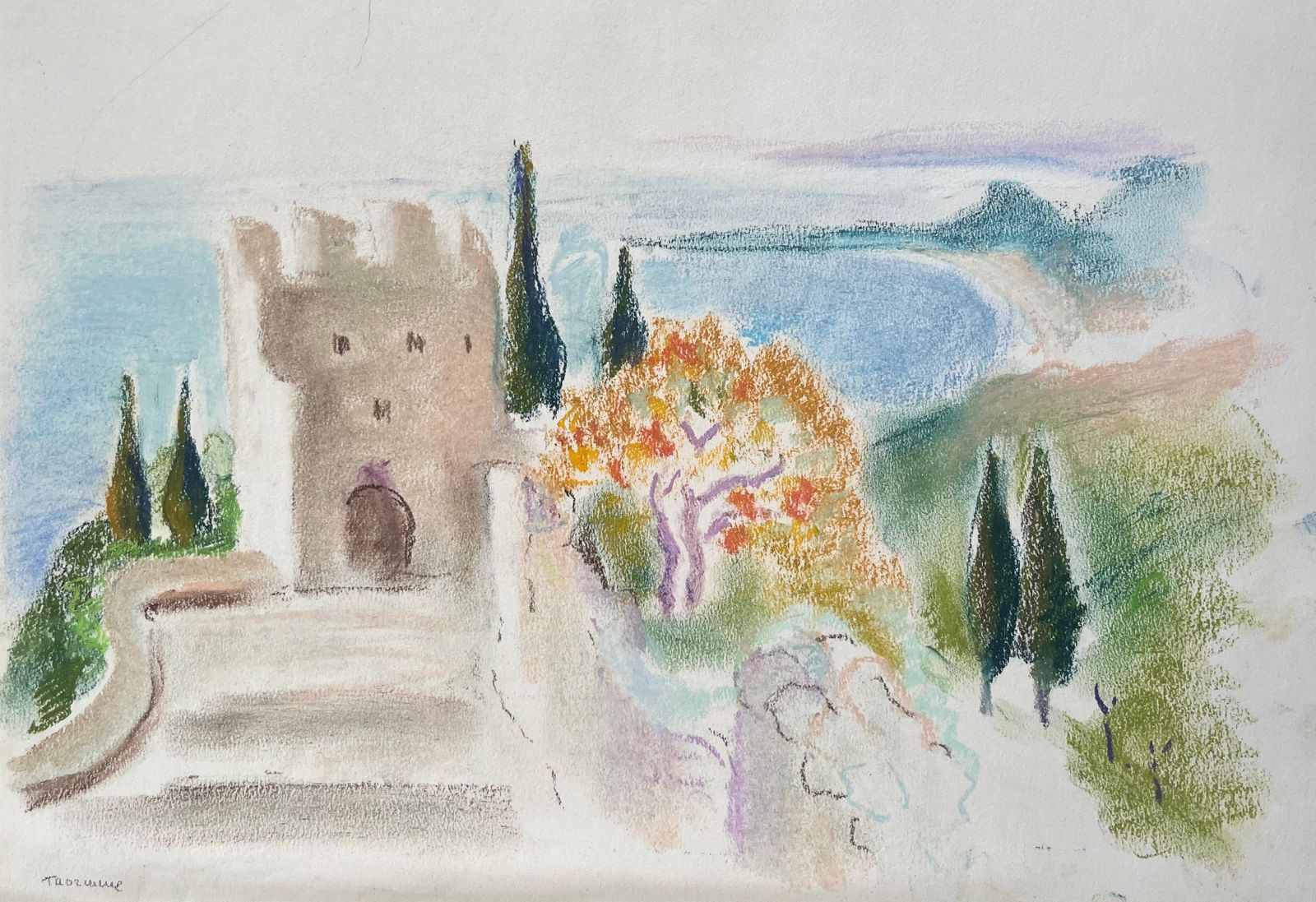 Anne Marie Migette Perardmid 20th Century Pastel Of Seaside Fortress And Mediterranean Coastline