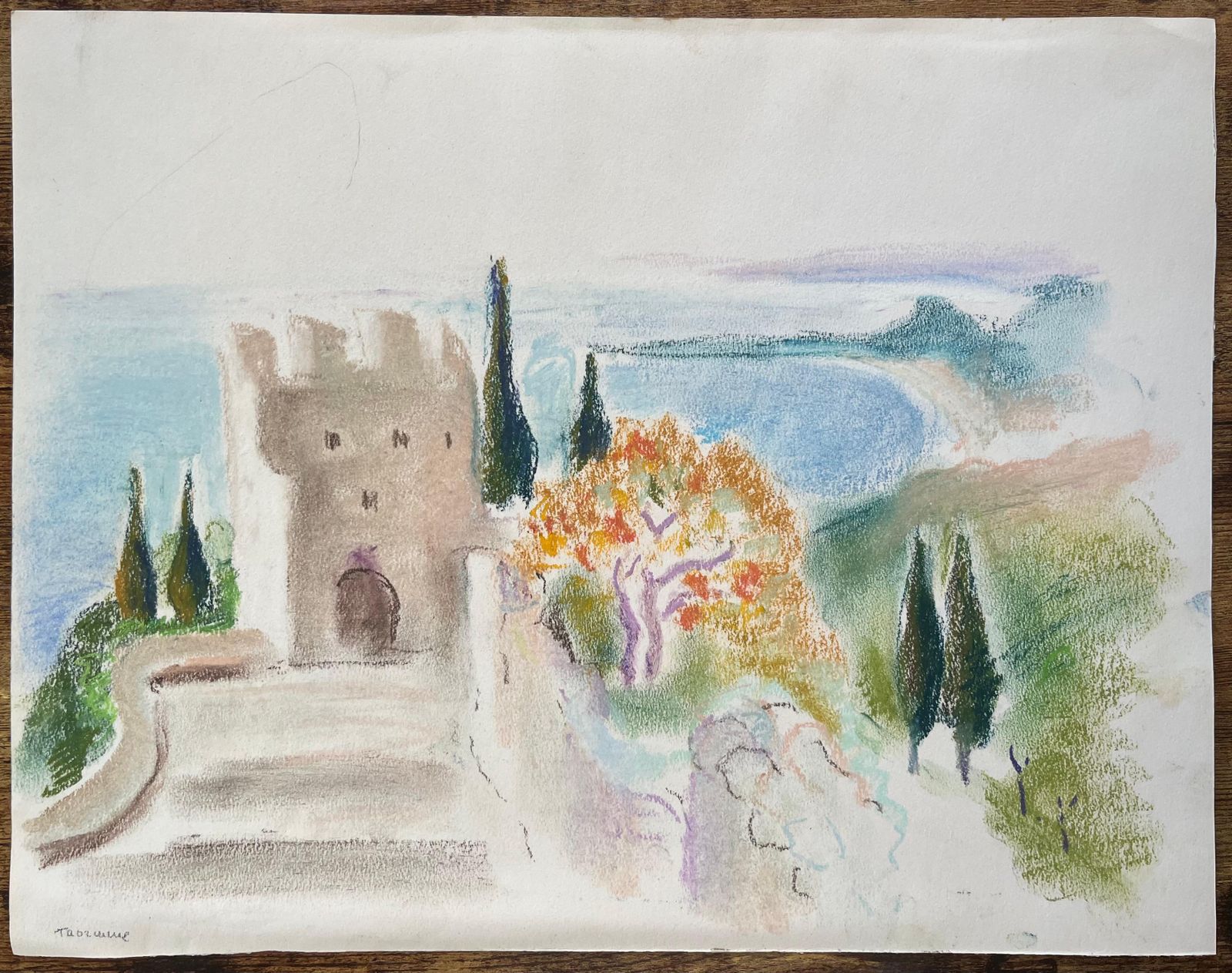 Anne Marie Migette Perardmid 20th Century Pastel Of Seaside Fortress And Mediterranean Coastline photo furniture
