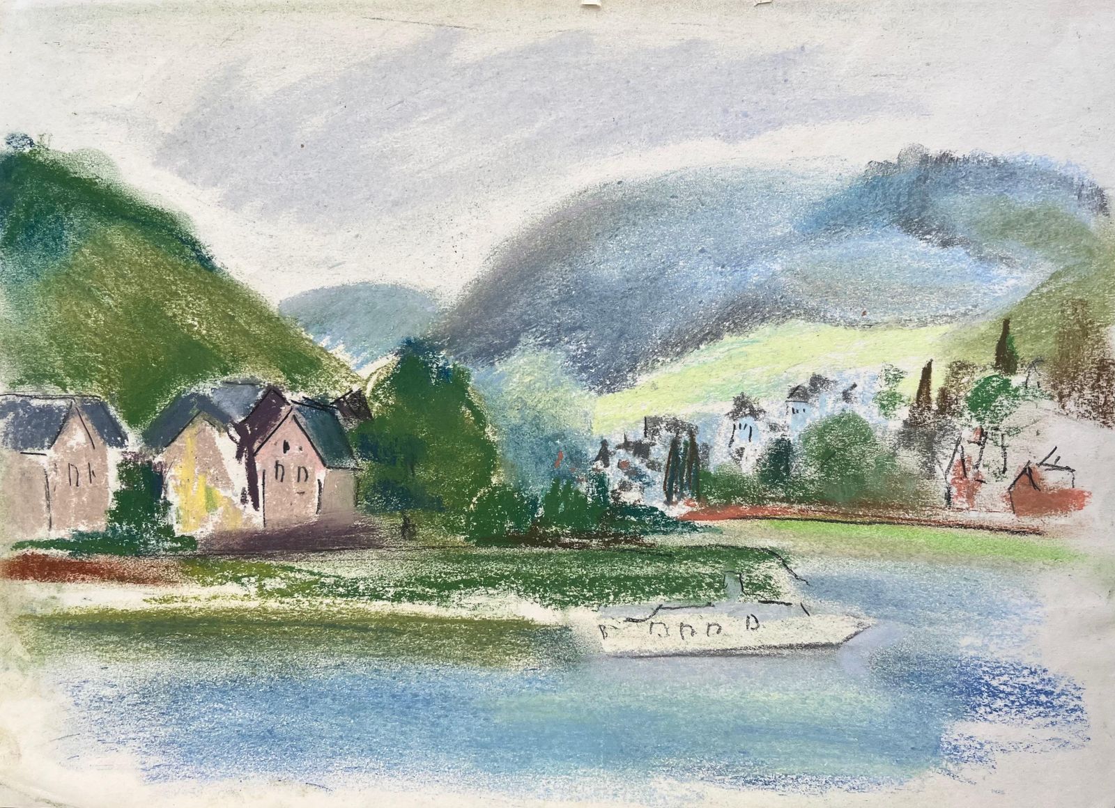 Anne Marie Migette Perardmid 20th Century Pastel Of Riverside Village And Boat In France