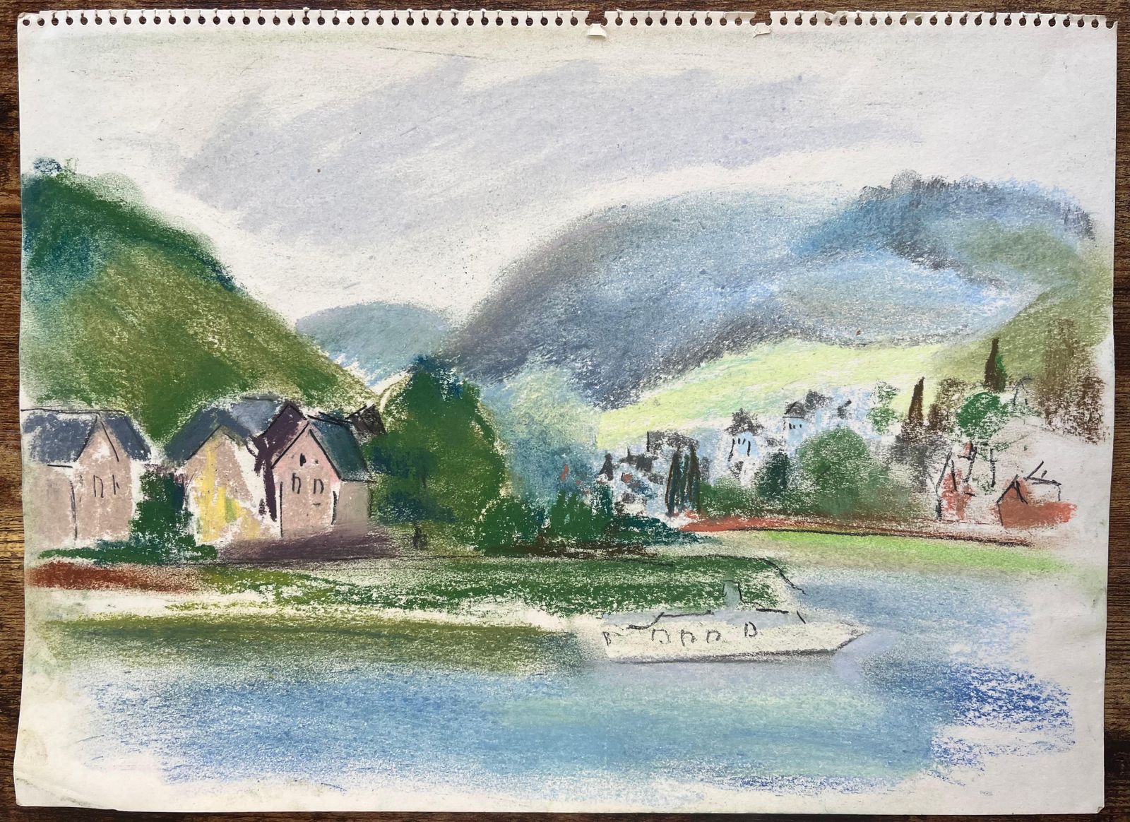 Anne Marie Migette Perardmid 20th Century Pastel Of Riverside Village And Boat In France photo furniture