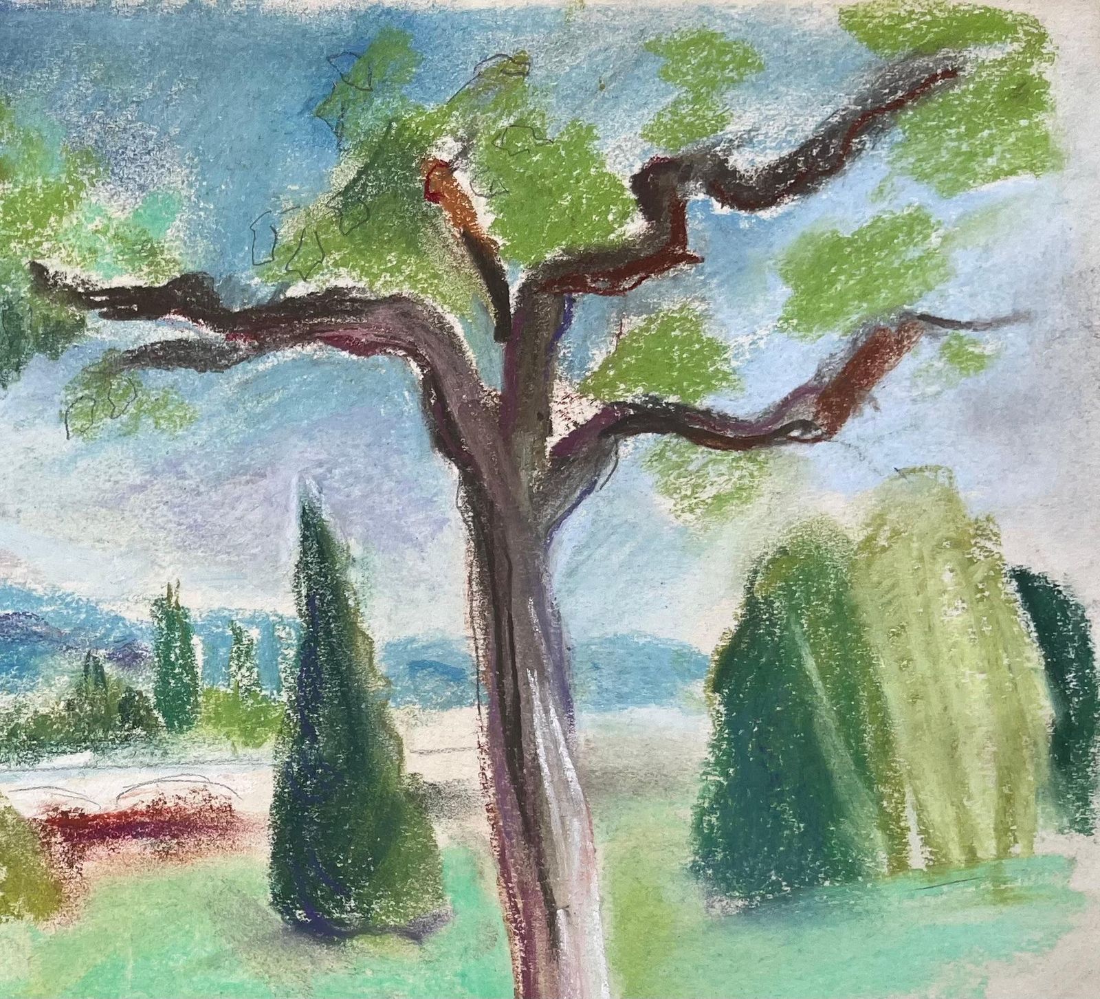 Anne Marie Migette Perardfrench Mid 20th Century Pastel Landscape Of Trees And Distant Hills photo Art