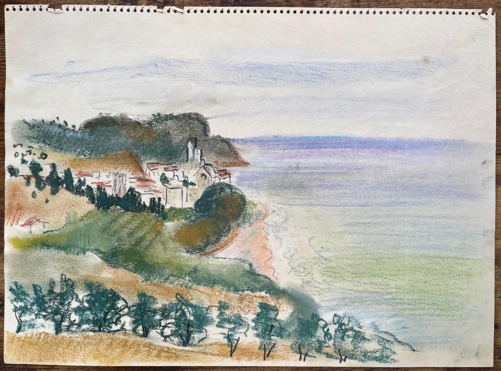 Anne Marie Migette Perardmid 20th Century Pastel Of Coastal Scene With Village And Clifftop Church photo furniture