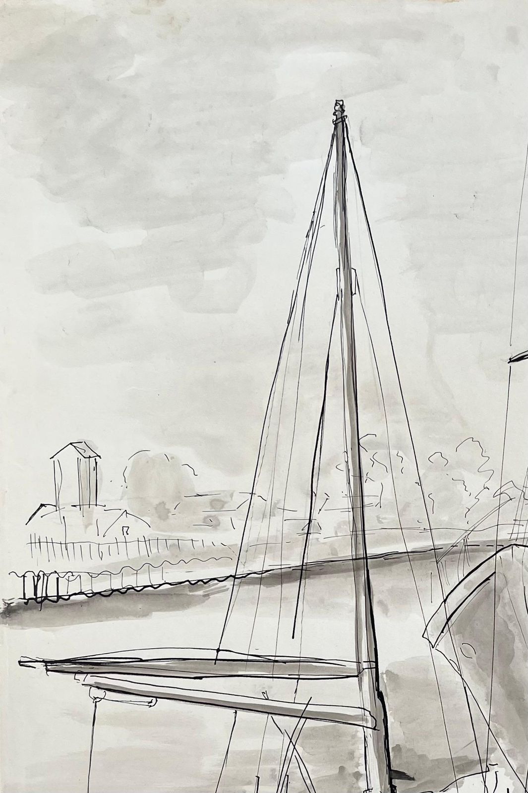 Anne Marie Migette Perardmid Century French Ink And Wash Drawing Of Sailboats Moored At Harbour With Mast photo vinterior