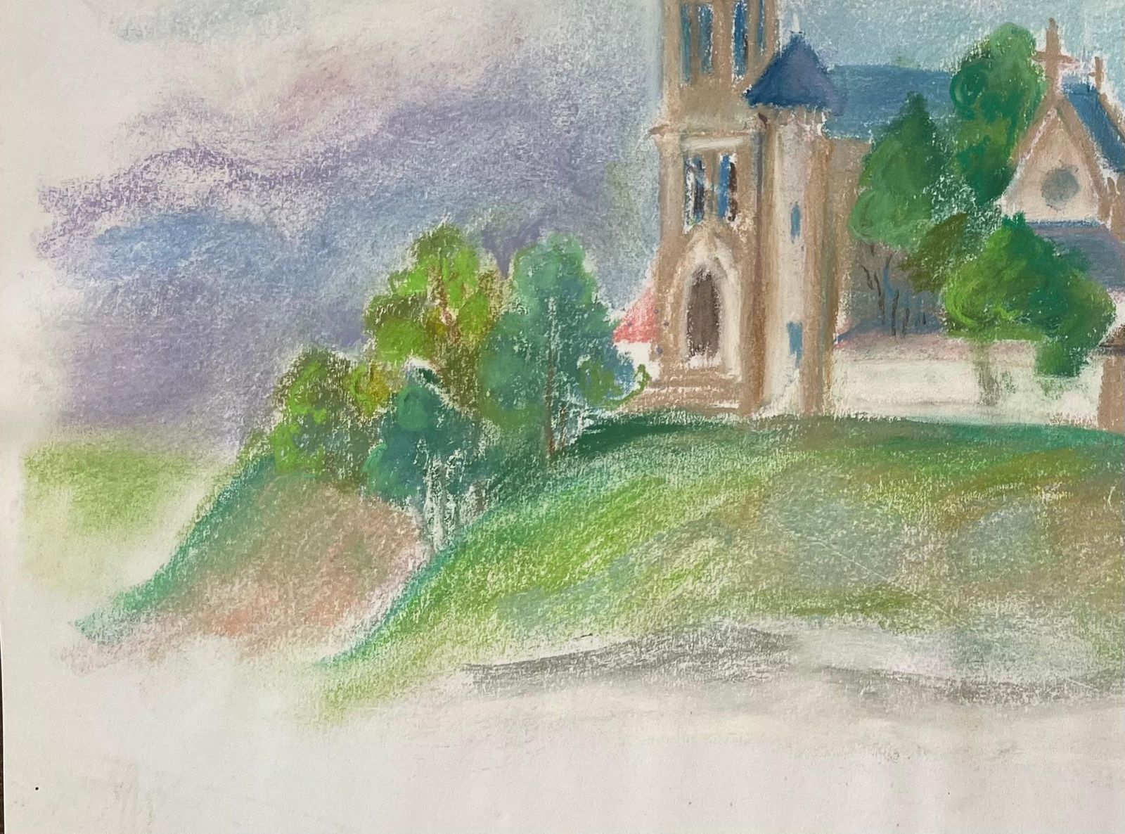 Anne Marie Migette Perardmid 20th Century Pastel Of French Countryside Church With Bell Tower photo Art