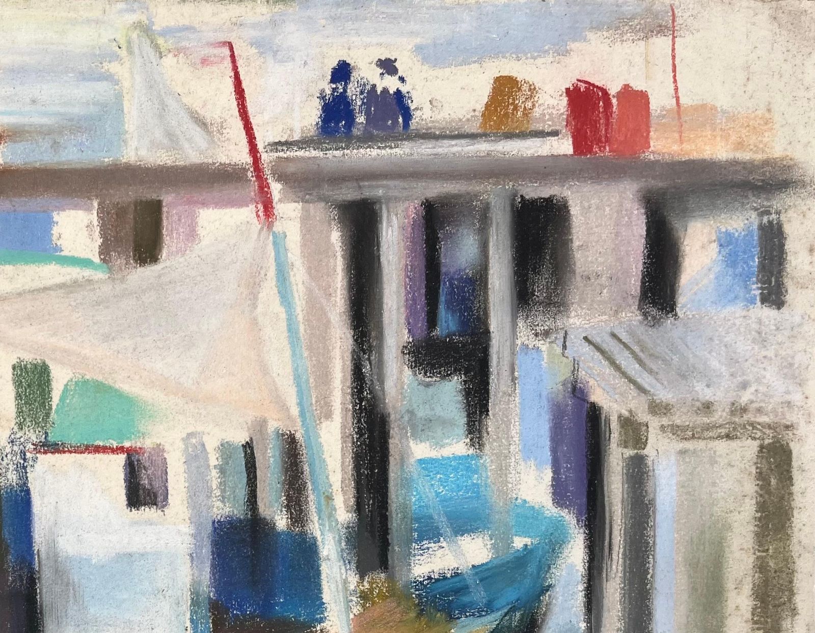 Anne Marie Migette Perardmid 20th Century French Pastel Harbour Scene With Boats And Pier And Figures photo for sale