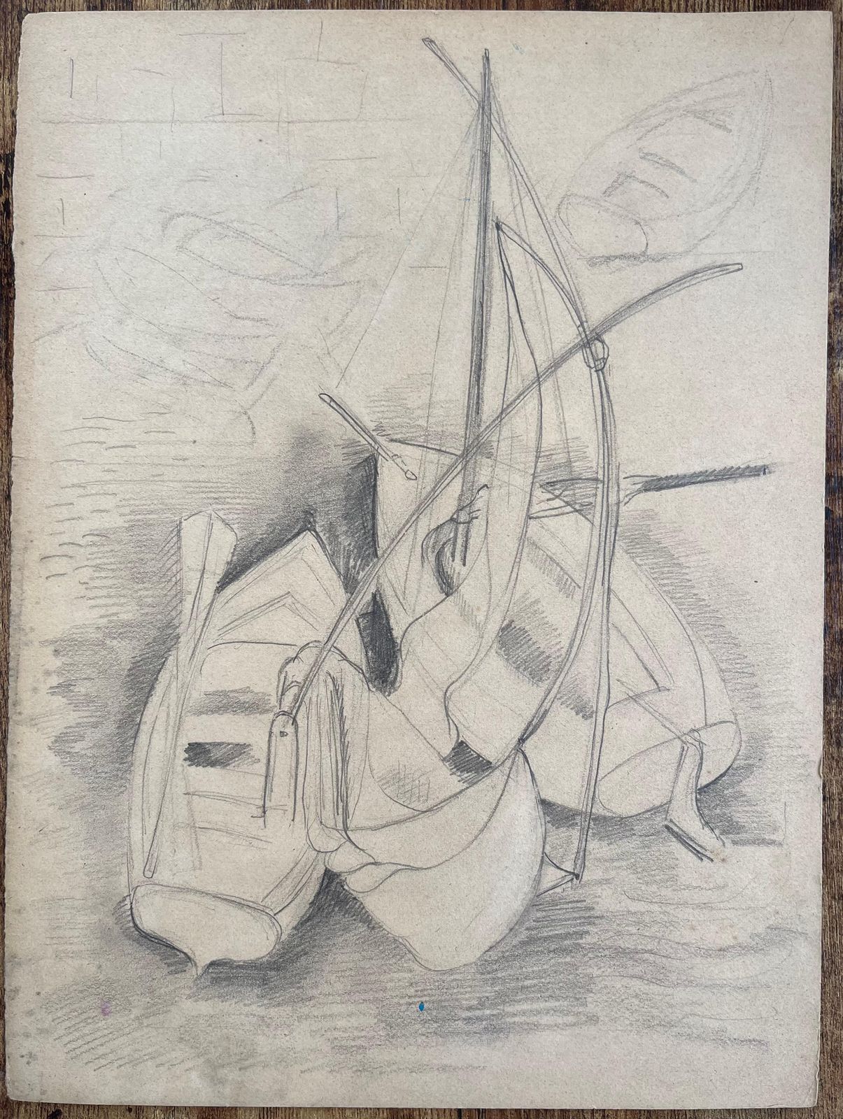 Anne Marie Migette Perardmid 20th Century Post Impressionist Pencil Drawing Of Docked Rowboats photo furniture