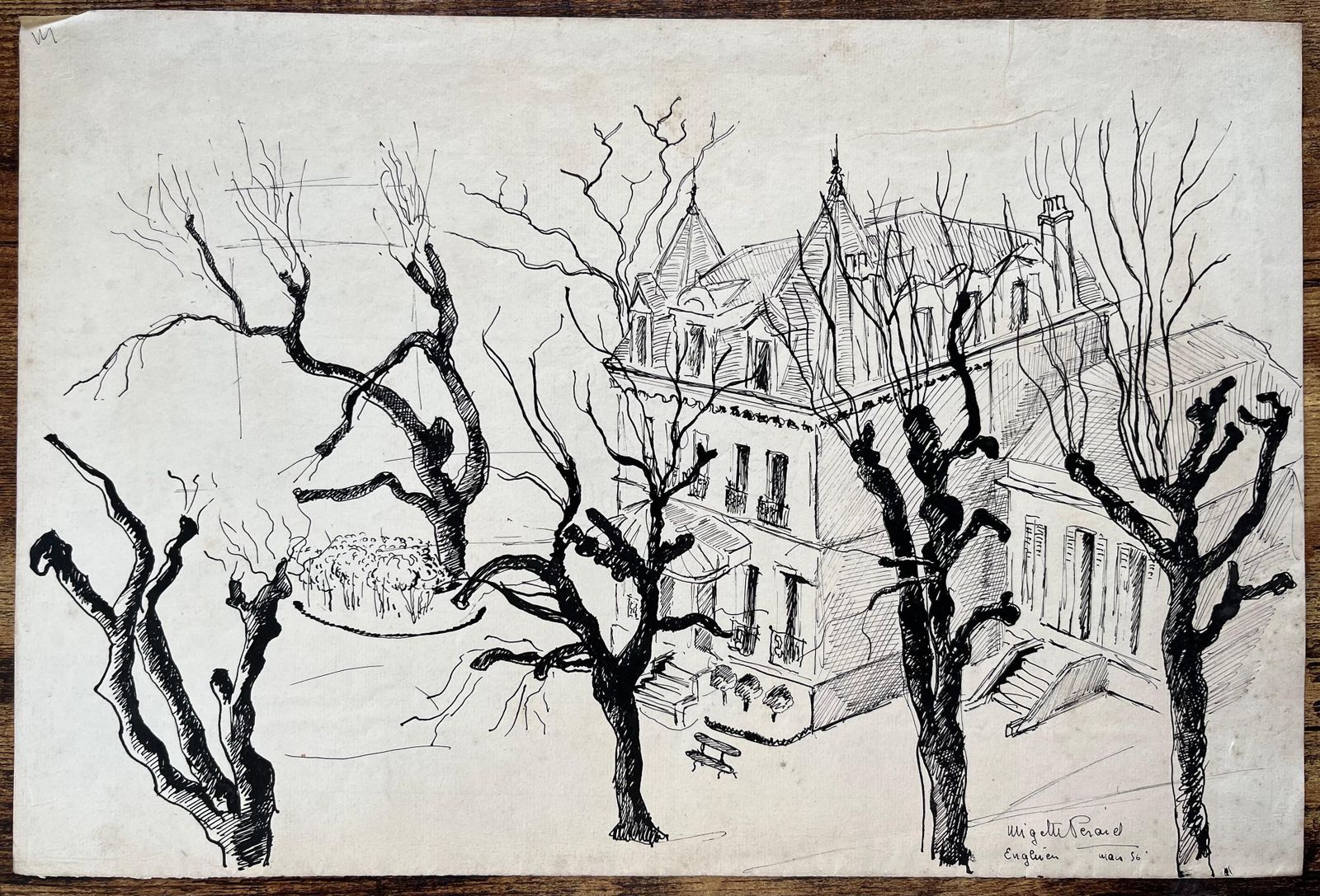 Anne Marie Migette Perardmid Century French Ink Drawing Of Mansion In Enghien France With Winter Trees photo furniture