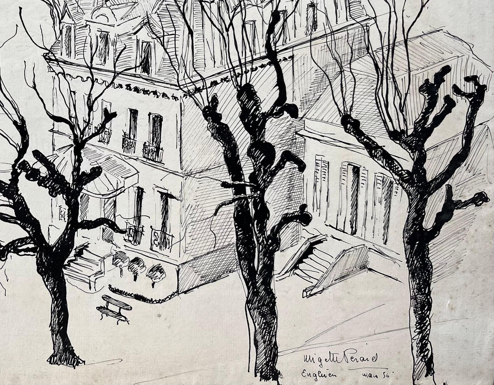 Anne Marie Migette Perardmid Century French Ink Drawing Of Mansion In Enghien France With Winter Trees photo for sale