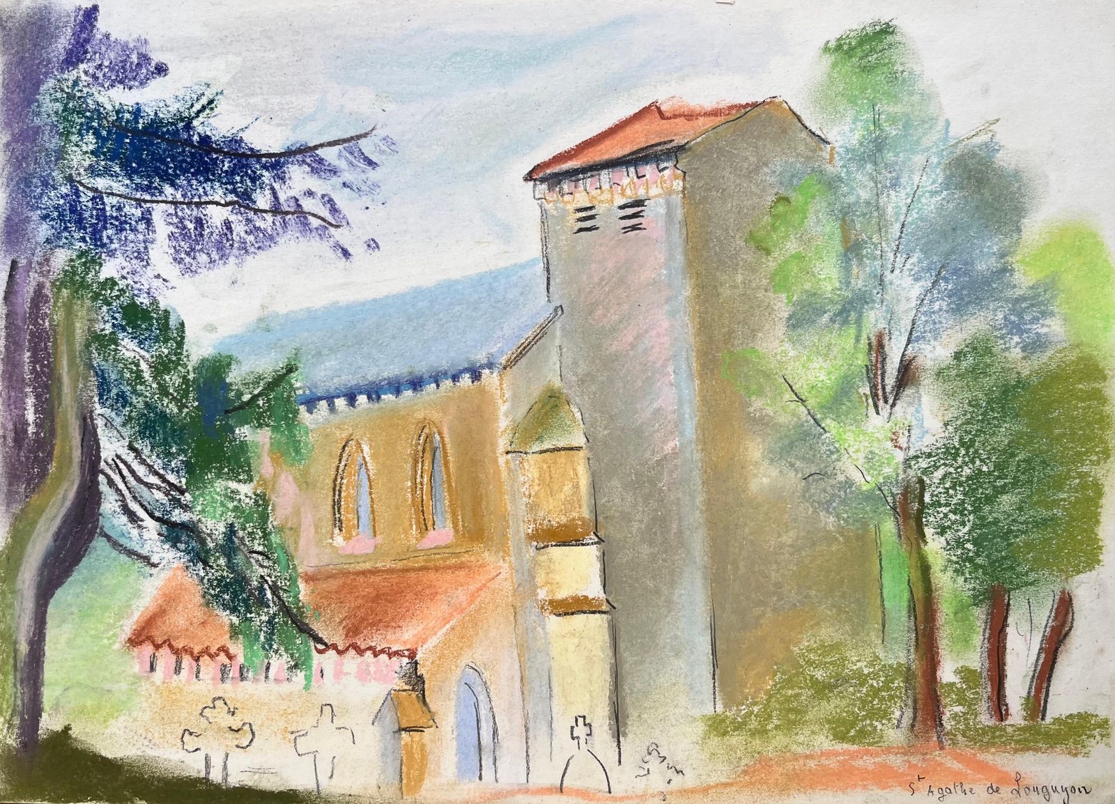 Anne Marie Migette Perardmid 20th Century Pastel Of St. Agathe Church In Loueygoun In France