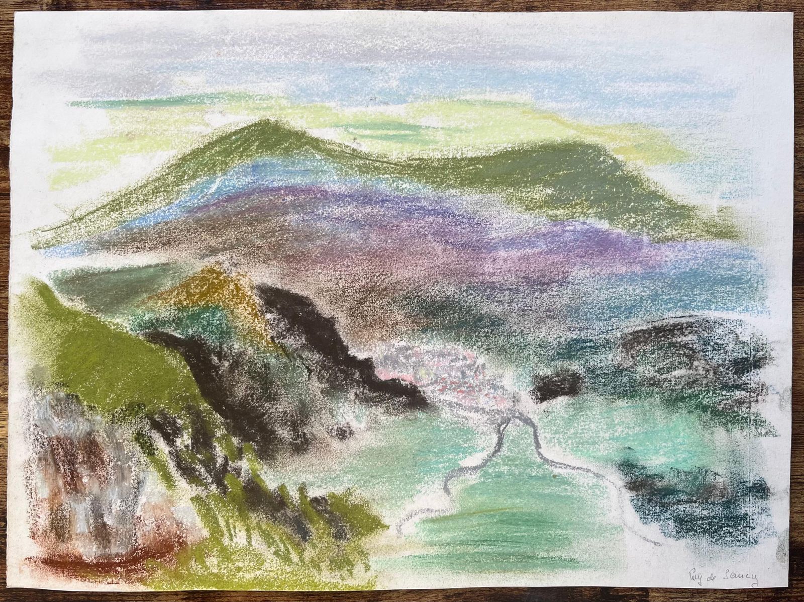 Anne Marie Migette Perardmid 20th Century Pastel Landscape Of Pey De Sancy Volcano In France photo furniture