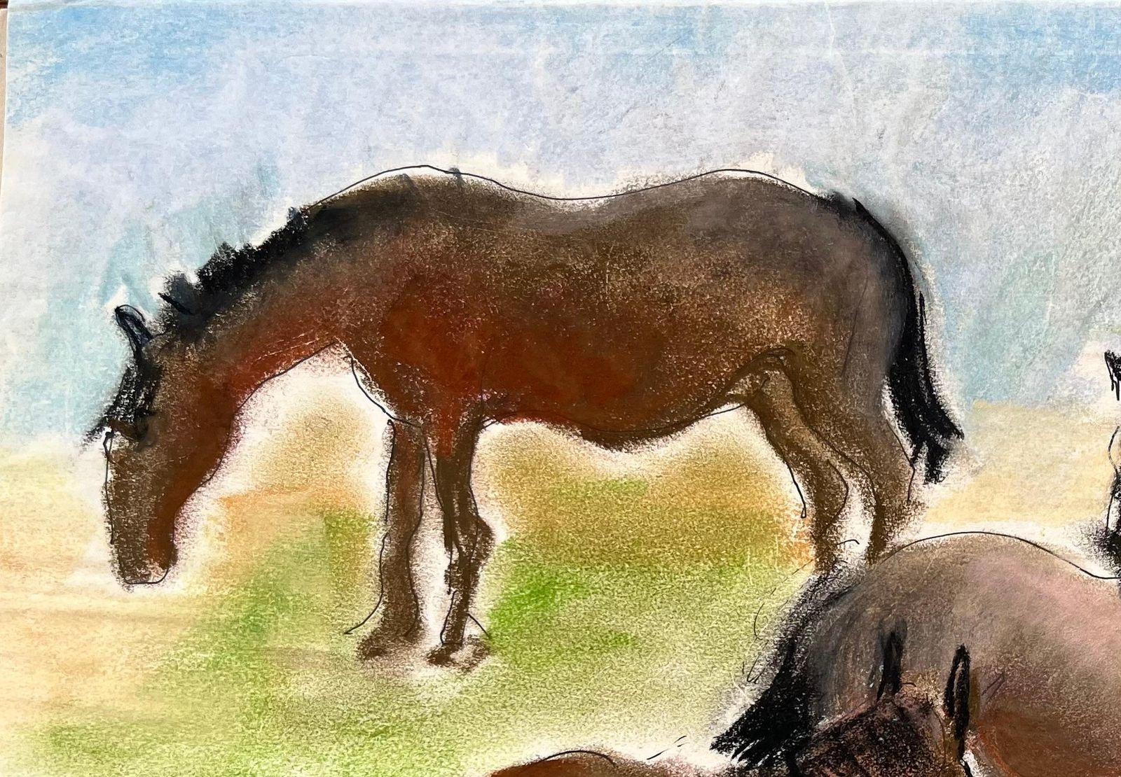Anne Marie Migette Perardmid Century French Pastel Drawing Of Four Horses Grazing In A Meadow Landscape photo for sale