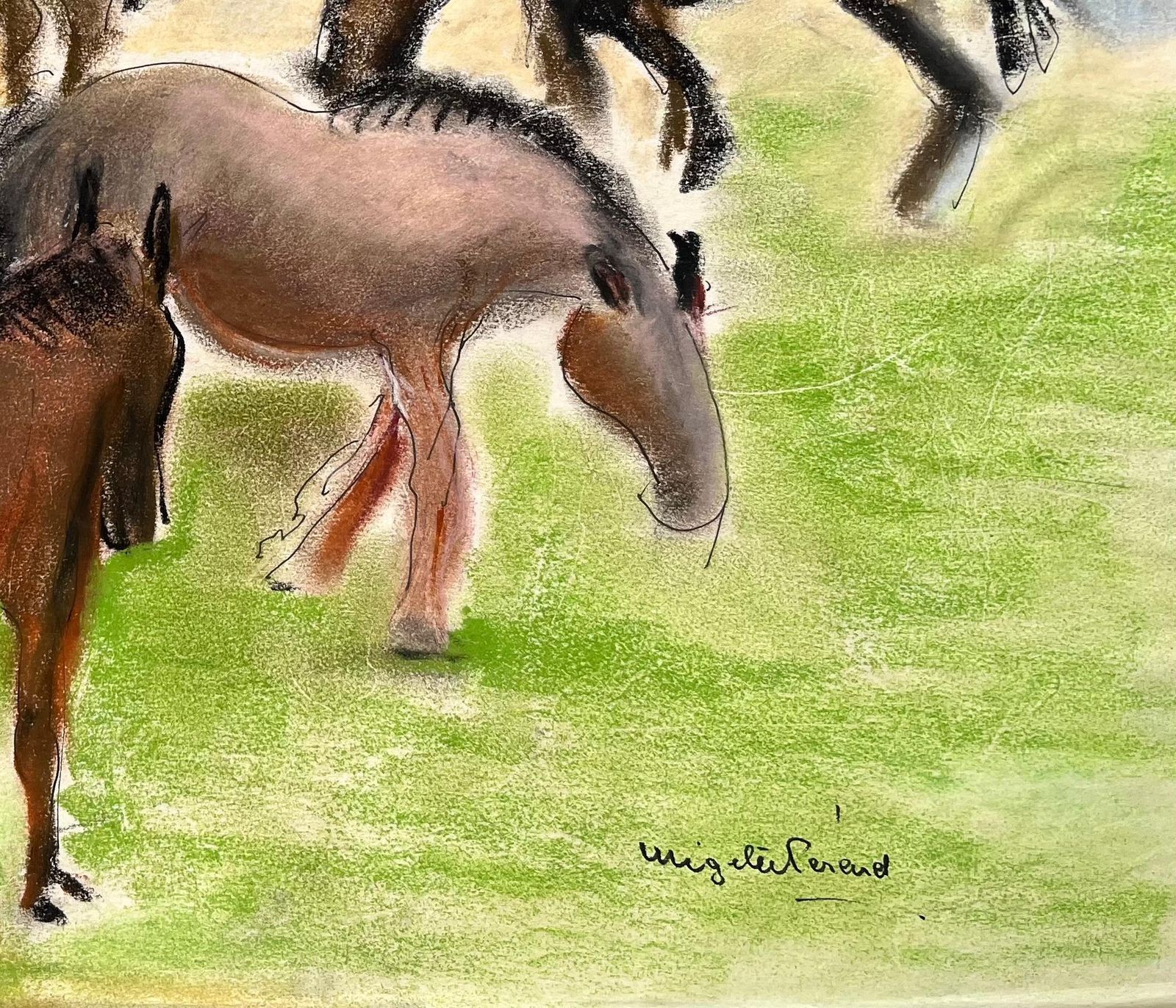 Anne Marie Migette Perardmid Century French Pastel Drawing Of Four Horses Grazing In A Meadow Landscape photo vinterior