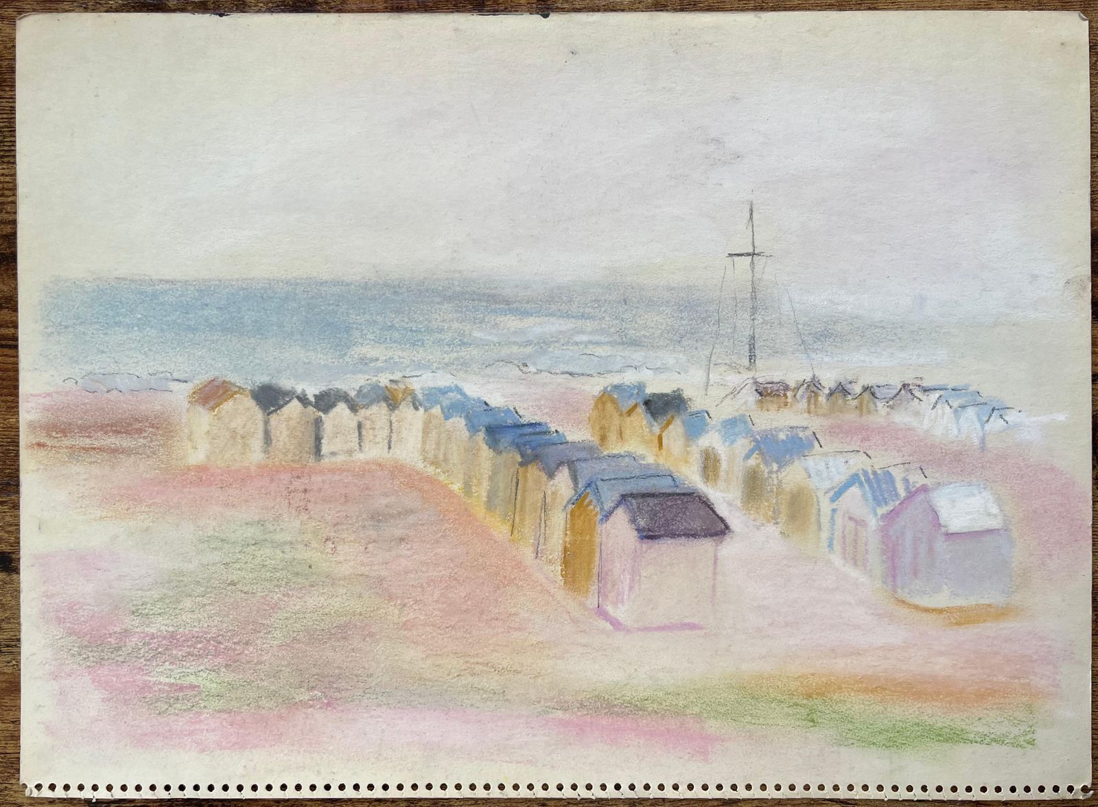 Anne Marie Migette Perardmid Century French Pastel Seaside Landscape With Beach Huts And Distant Mast photo furniture